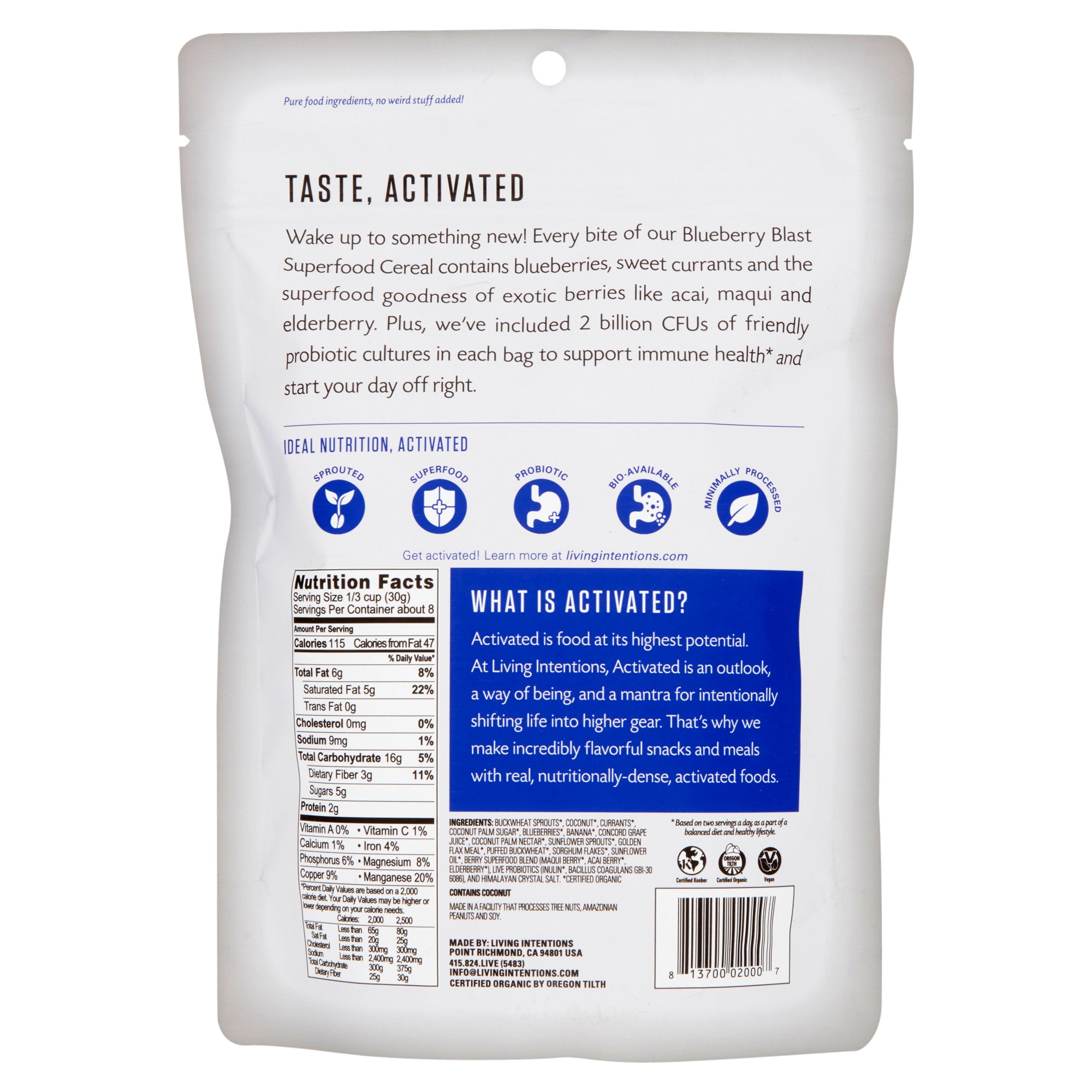 Living Intentions Activated Superfood Cereal, Blueberry Blast, Nutrient-Dense Breakfast Option (9 oz) na4g7