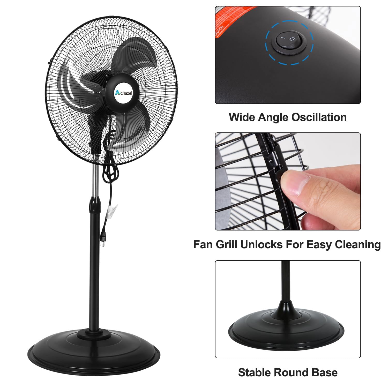 Achazel 18 in Oscillating Pedestal Fan, 3-Speed Heavy-Duty Industrial Standing Fan with Adjustable Height (Black, 18 in) 7sa2h