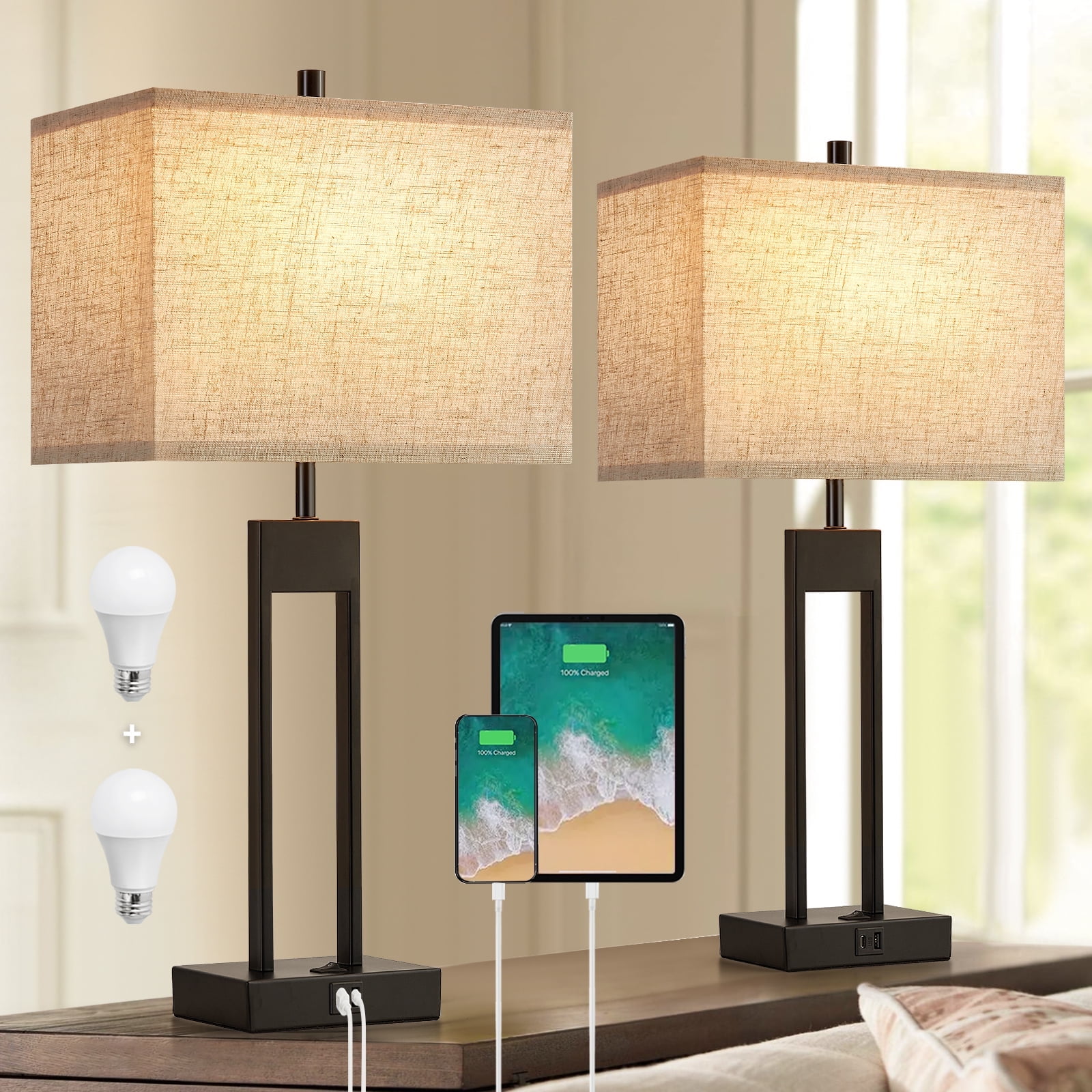 NATYSWAN Modern Table Lamps Set of 2, USB A+C Charging Ports, 3-Color Temperature LED, Fabric Shade (Black, 2 Pack) voyz6