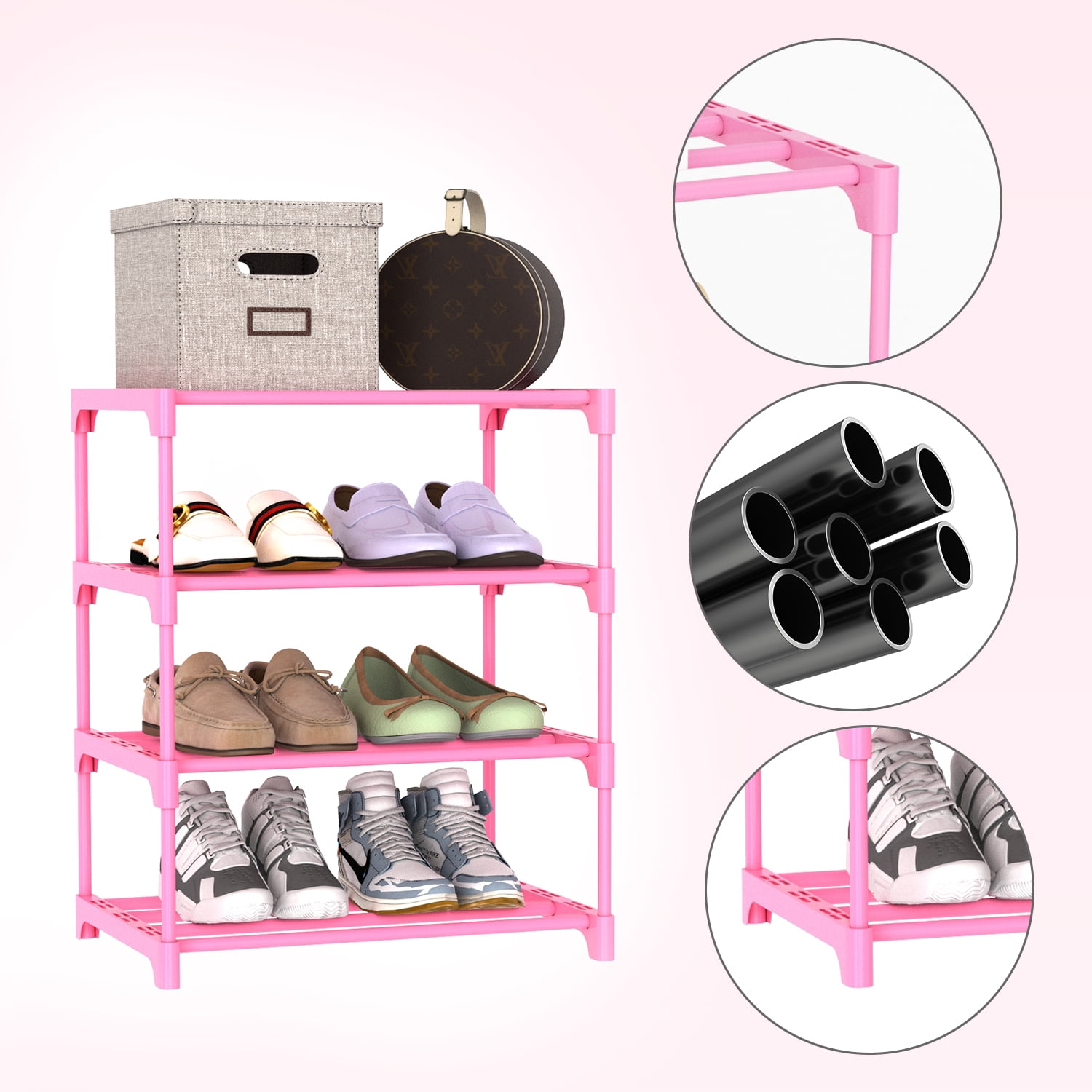 Bug Hull 4-Tier Narrow Shoe Rack, Stackable Metal Organizer Tower for Entryway (Pink, 11 in Depth) 1qz00