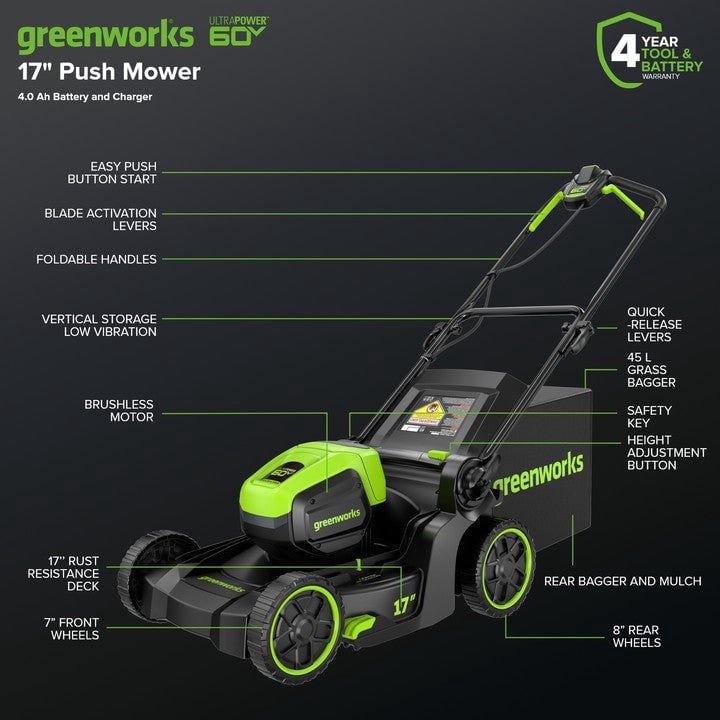 Greenworks 60V 17 in Cordless Push Lawn Mower with 4.0Ah Battery and Charger (Green, 17 in) 92kca