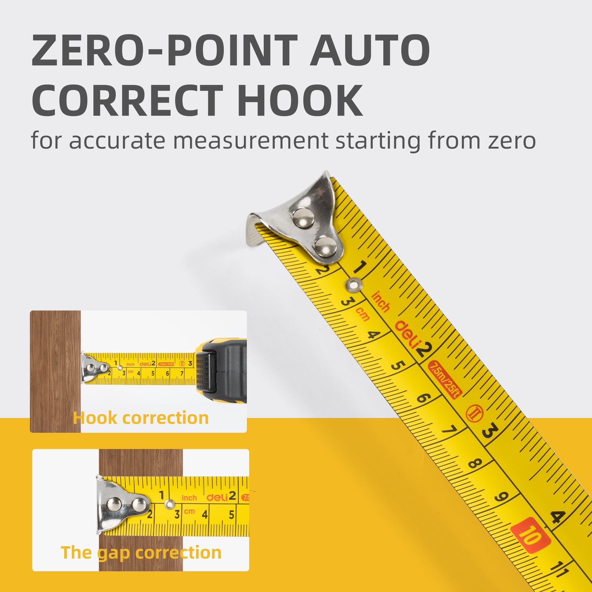 Deli Auto-Lock Steel Tape Measure, Heavy-Duty Retractable Measuring Tool with Rubberized Grip (Yellow, 25 ft) yani5