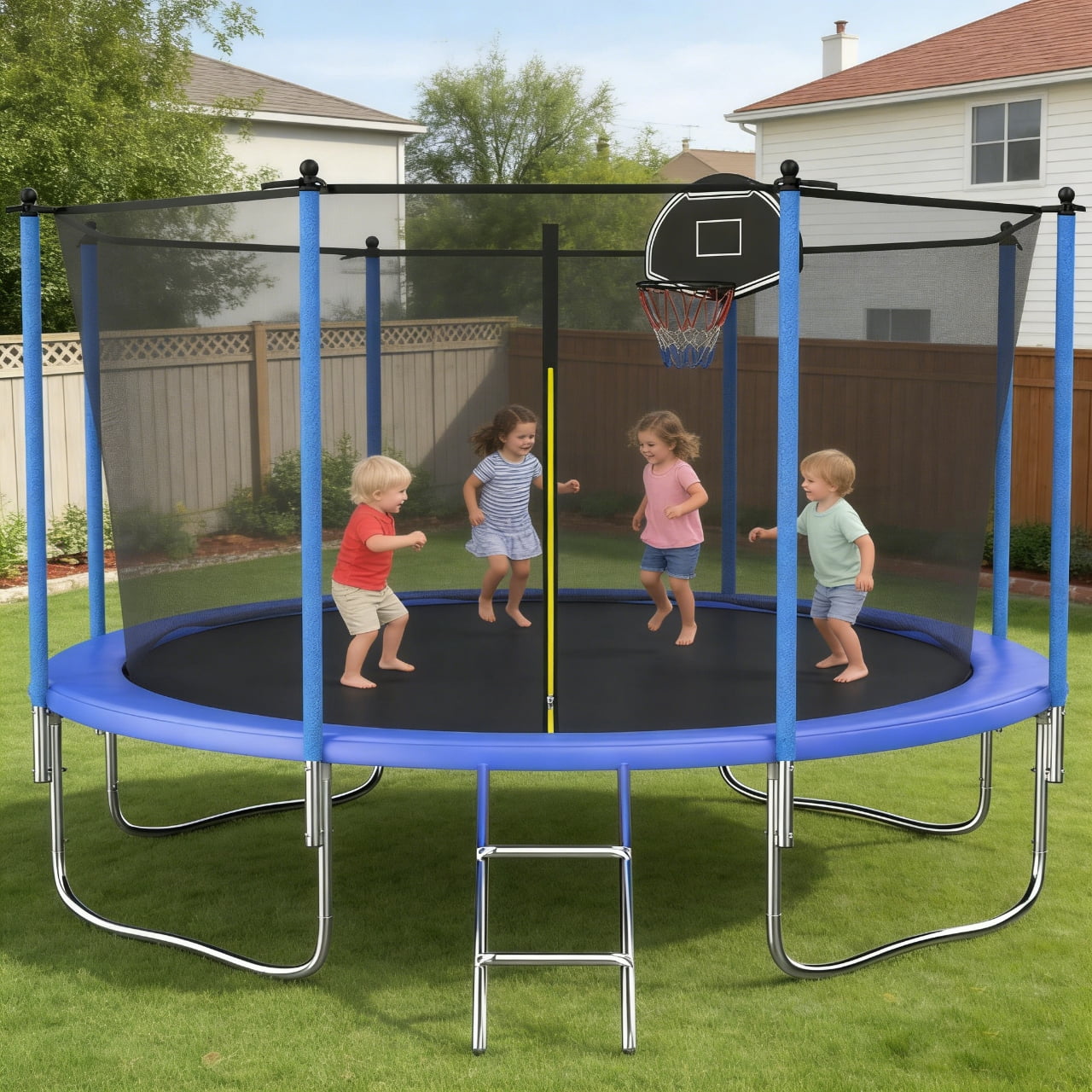 Shengchao Trade 12 ft Recreational Trampoline with Safety Enclosure, Basketball Hoop, and Ladder (Blue, 1000 lb) 0im0x