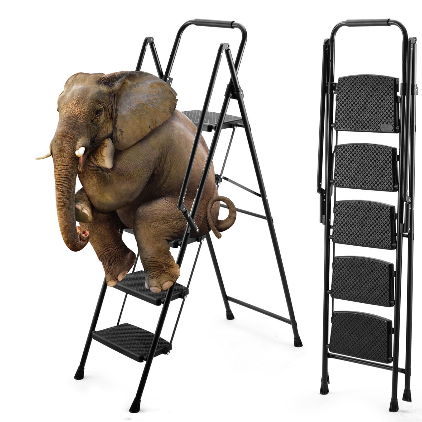 Geemuslly 5-Step Folding Ladder, Heavy-Duty Steel Step Stool with Anti-Slip Pedals and Safety Handrail (Black, 350 lb Capacity) wkmg3