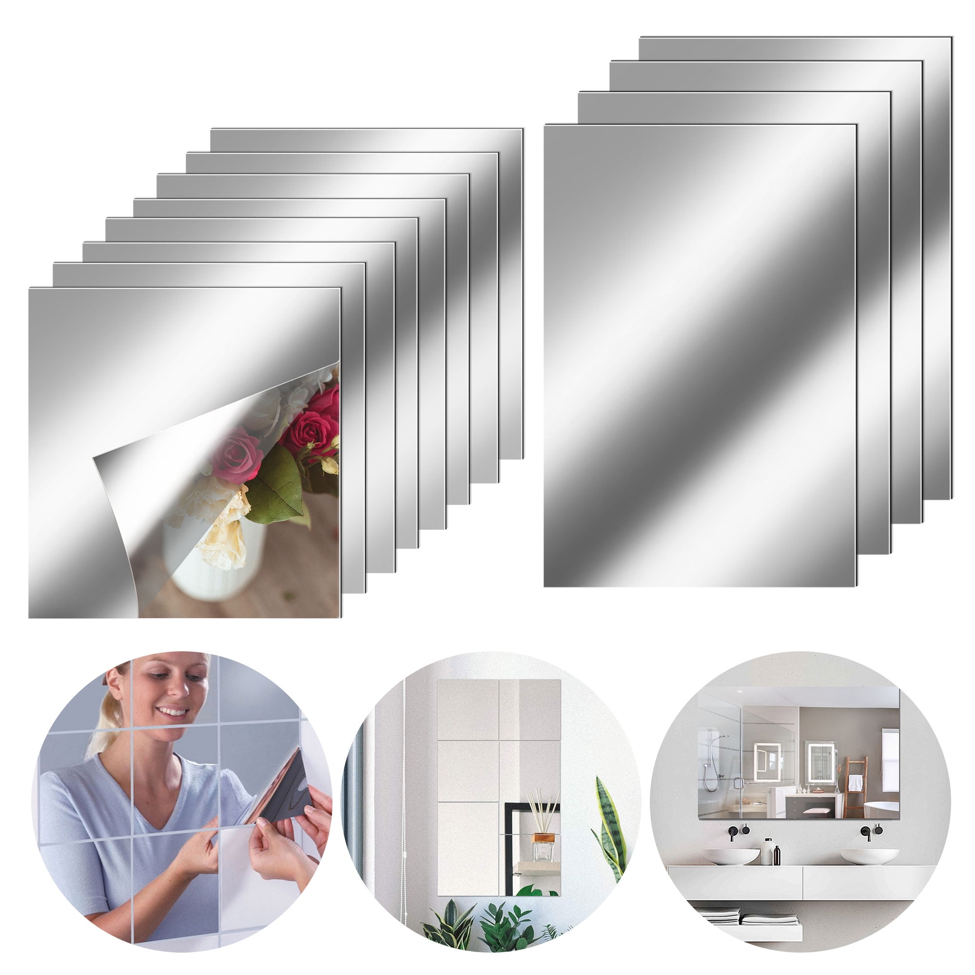 TSV Flexible Mirror Sheets Self-Adhesive Non-Glass Wall Tiles DIY Decor (12 Pieces, 6x6 in and 9x6 in) tjrgr
