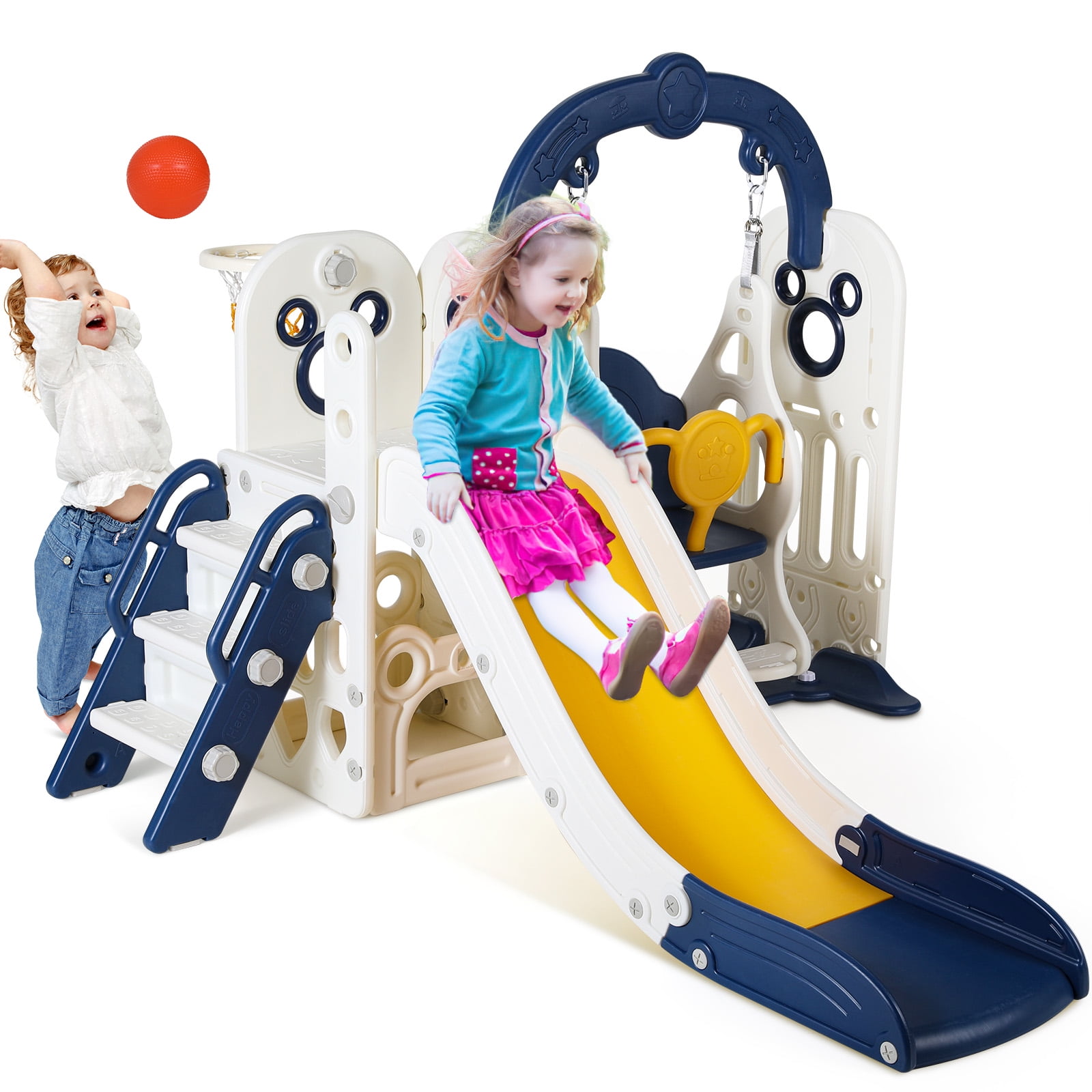 Arlopu Kids Slide and Swing Set, 5-in-1 Toddler Climber Playset with Basketball Hoop and Storage (Blue, 58.3 in x 58.7 in x 45.3 in) opnp5