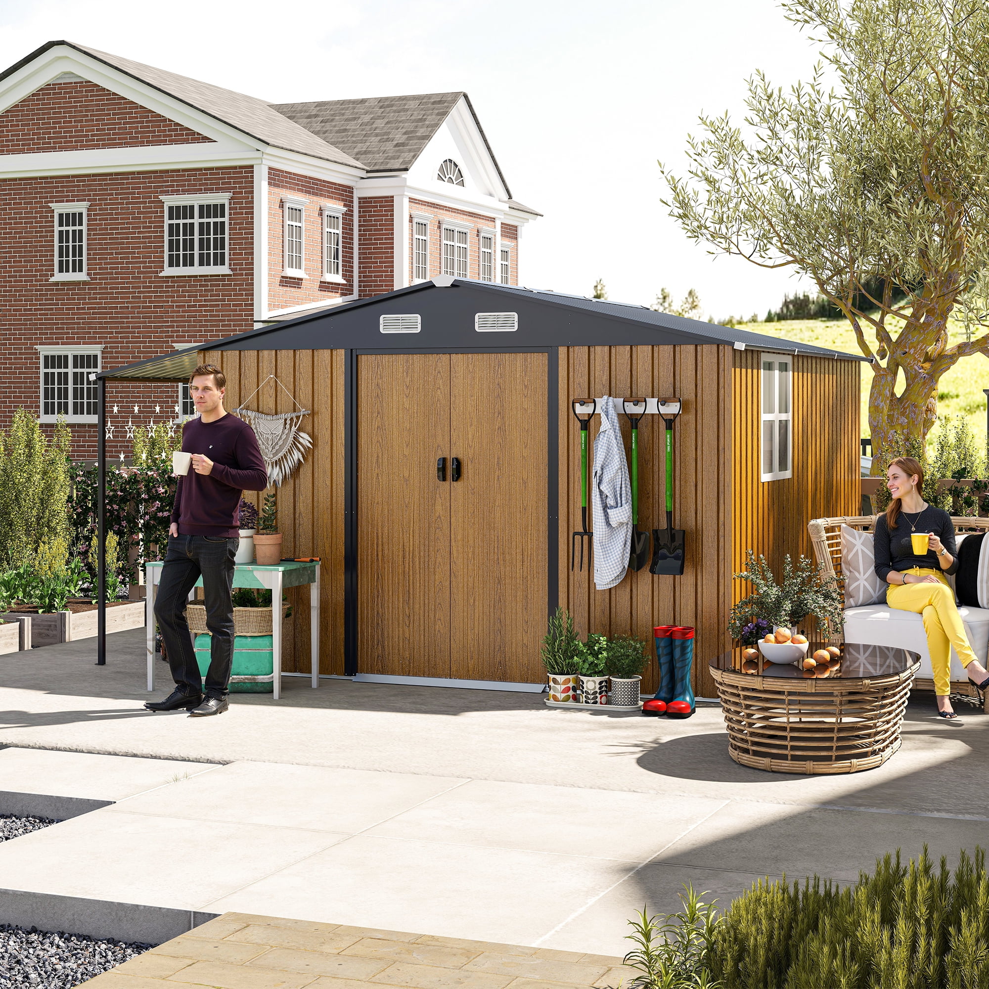 FFZ Outdoor Storage Shed with Firewood Bay and Lockable Doors (Yellow, 10 ft x 12 ft) s7b61