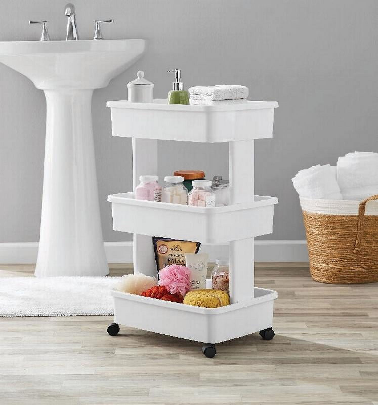 Mainstays 3-Tier Rolling Storage Cart, Multi-Purpose Organizer for Laundry and Home (Arctic White, 17.3 in x 12.5 in x 27.2 in) 9jpbk