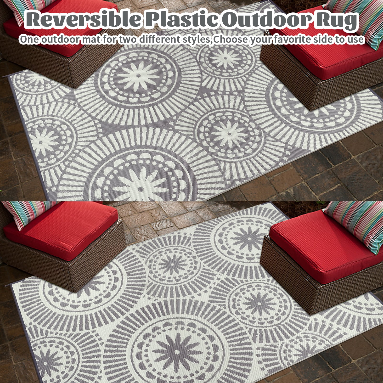 Ileading Reversible Outdoor Rug Floral Waterproof Patio Carpet (Grey, 6 ft Round) dj9ak