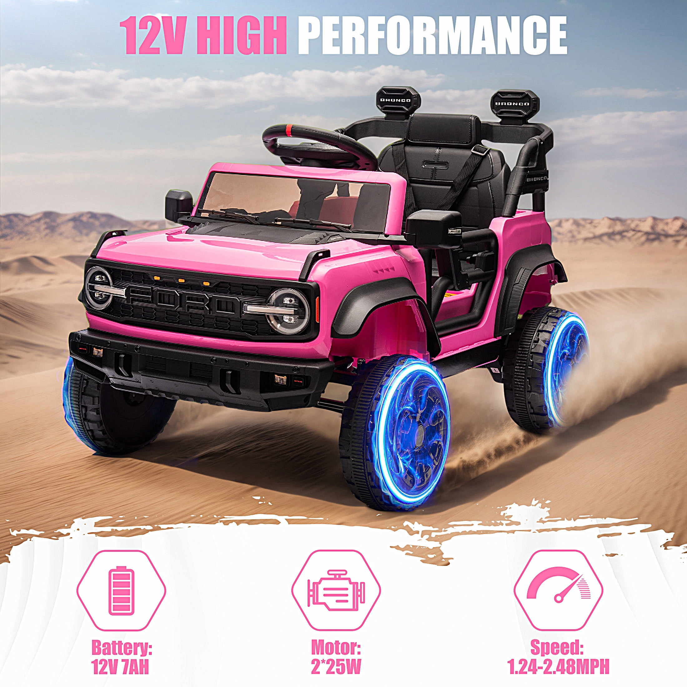 iRerts Ford Bronco Raptor Electric Ride-On Truck with Remote Control (Pink, 12V) 31si2