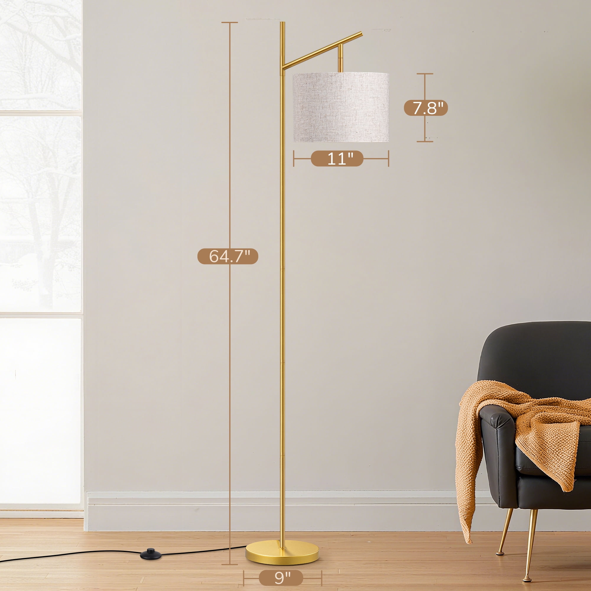 EDISHINE Metal Arc Floor Lamp with Foot Switch and Adjustable Shade (Golden, 64.7 in) npvfp