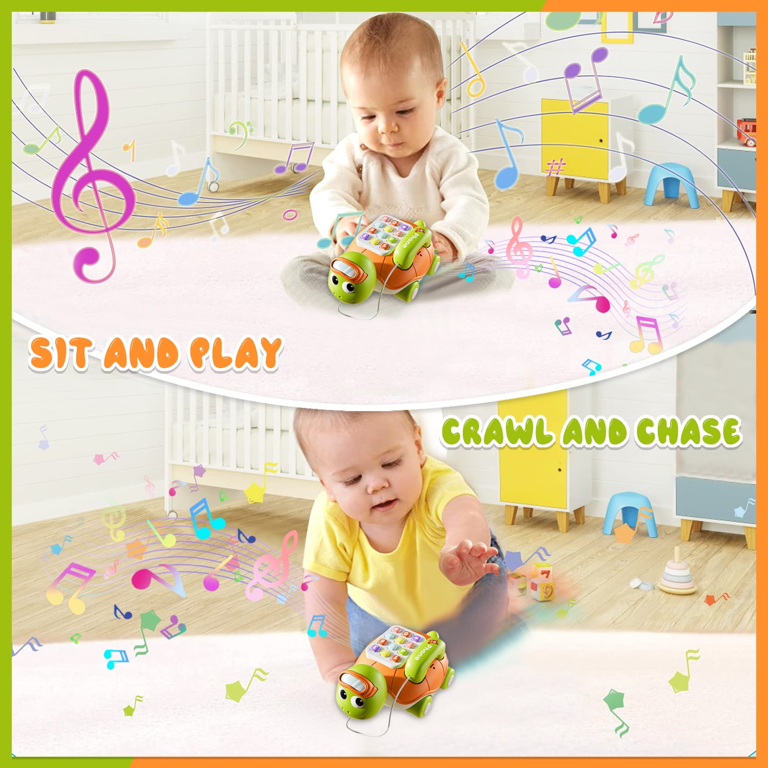 Style-Carry Crawling Turtle Musical Toy, Interactive Educational Learning Activity for Infants (Green, 1 Pack) dbne4