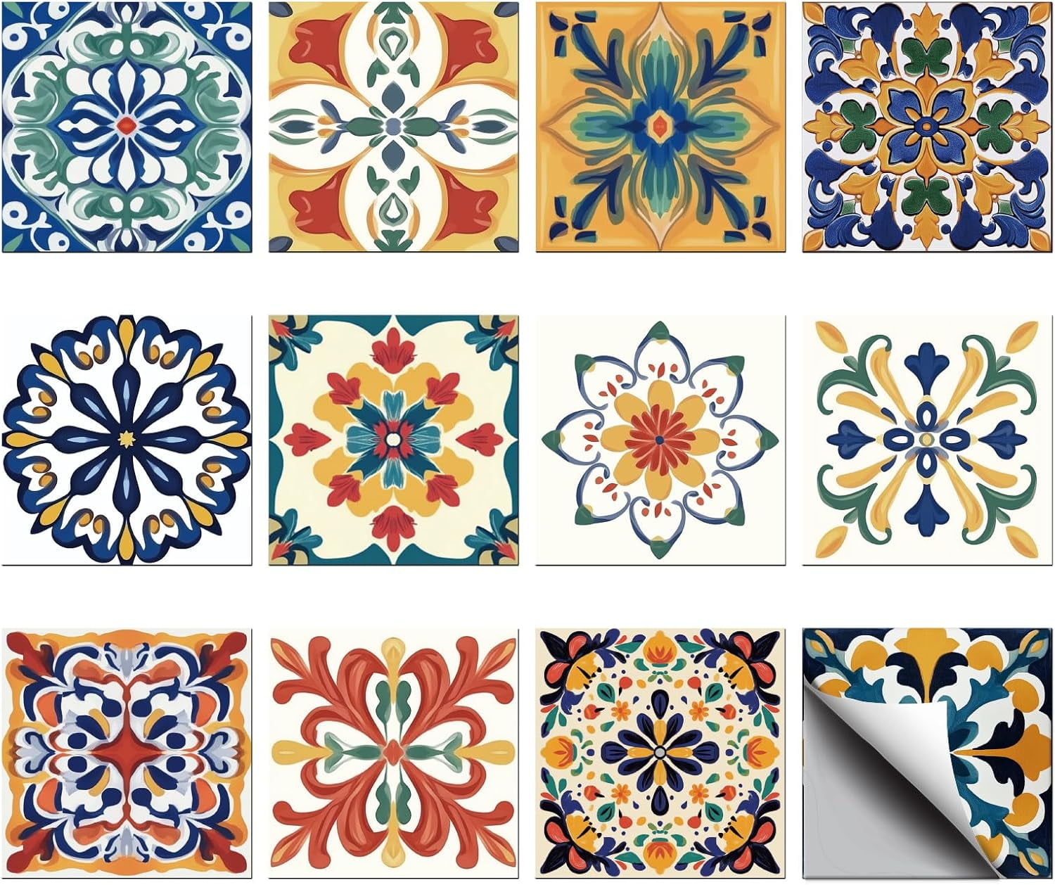 Generic Mosaic Tile Stickers Peel and Stick Wall Decals for Kitchen and Bathroom Decor (Bohemian Mediterranean Style, 36 Pack, 4x4 in) k1pqy