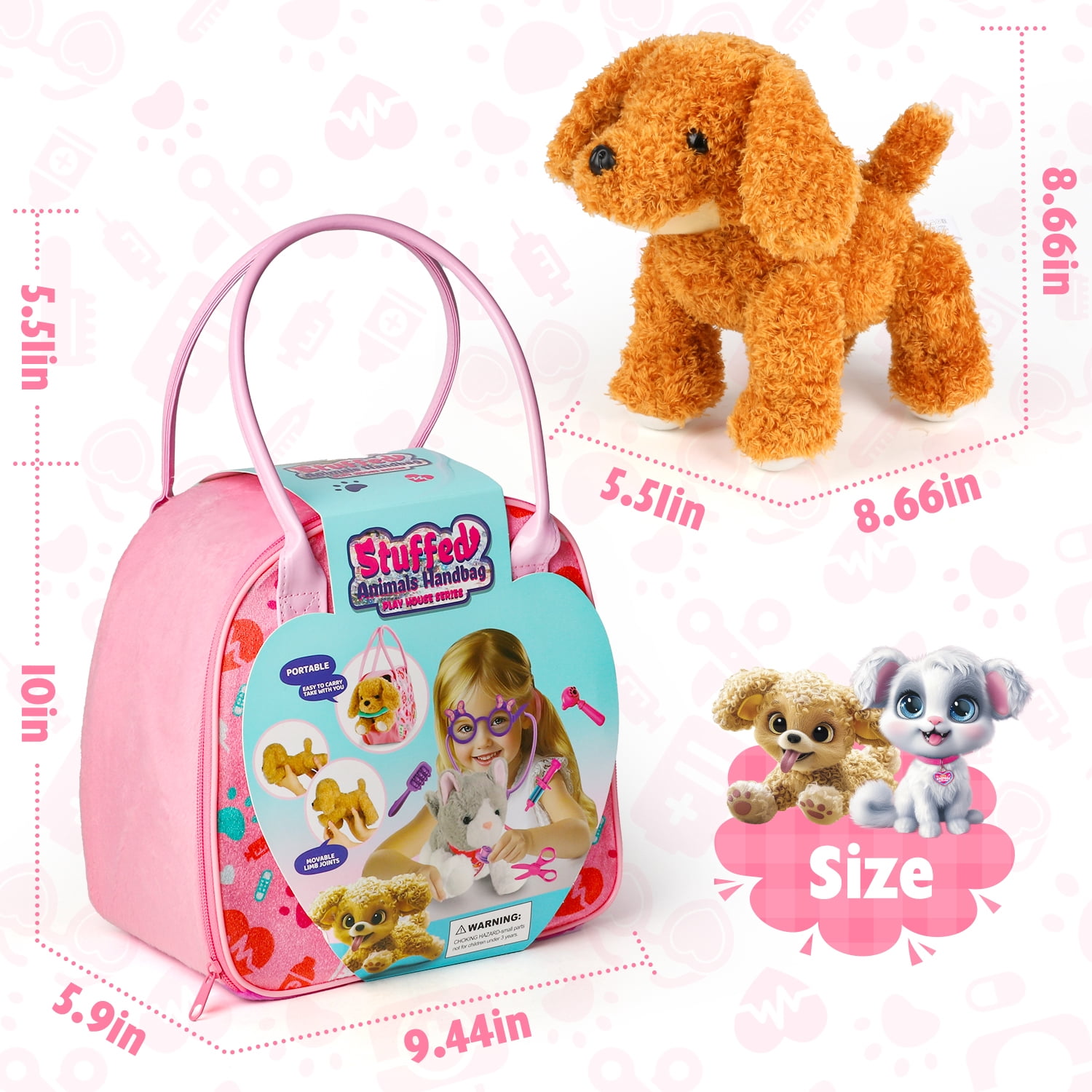 UQN Veterinarian Playset for Kids, Interactive Plush Dog Toy with Medical Tools and Pet Handbag (Pink, 12 Piece Set) 406cj