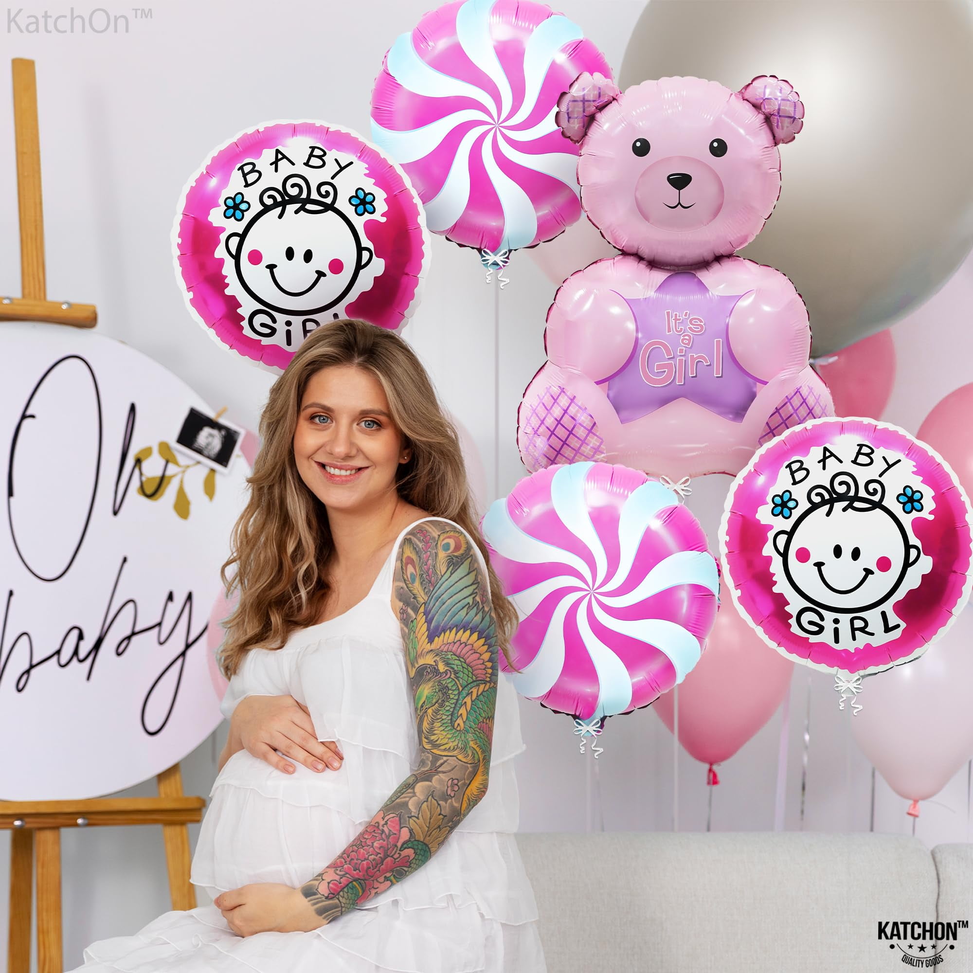 Katchon Teddy Bear Baby Shower Balloons, Its a Girl Party Decorations (Pink, 5 Pack) g175n