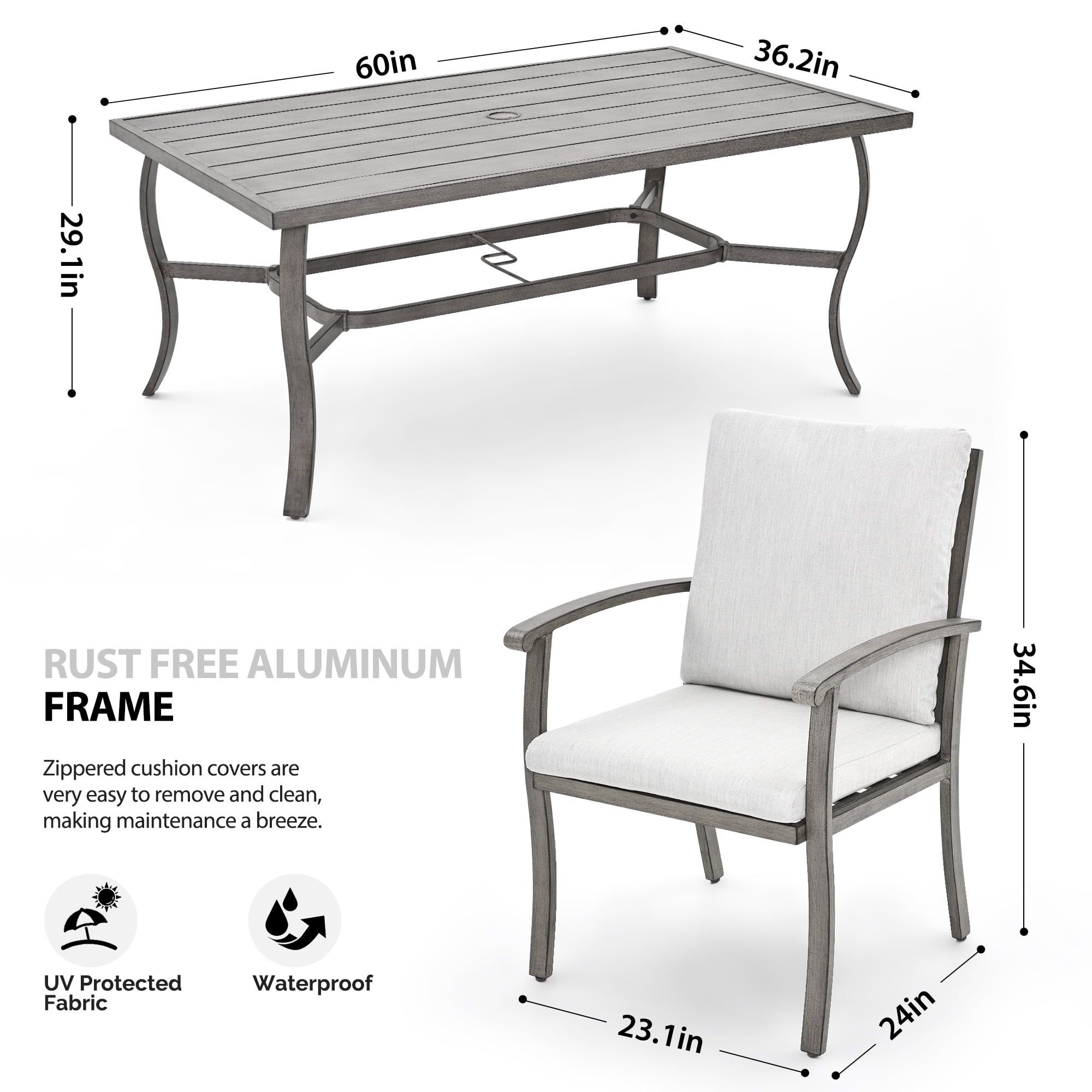 Happatio 7-Piece Outdoor Dining Set, Rust-Resistant Aluminum Patio Furniture for 6 with Washable Cushions (Gray) f6nup