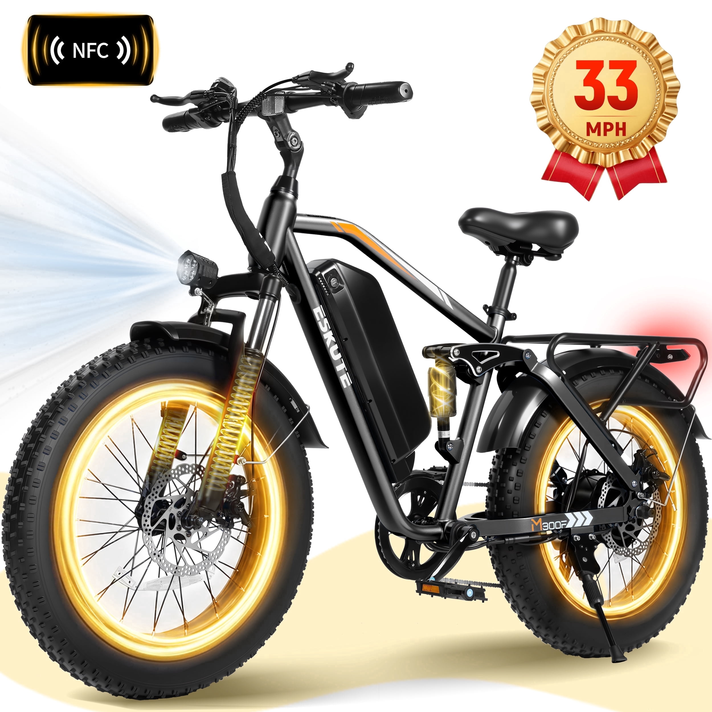 Elecby M300 Electric Mountain Bike, Full Suspension Fat Tire Ebike, 1200W Motor, 52V 20.8Ah Battery (Black, One Size) nd2ow