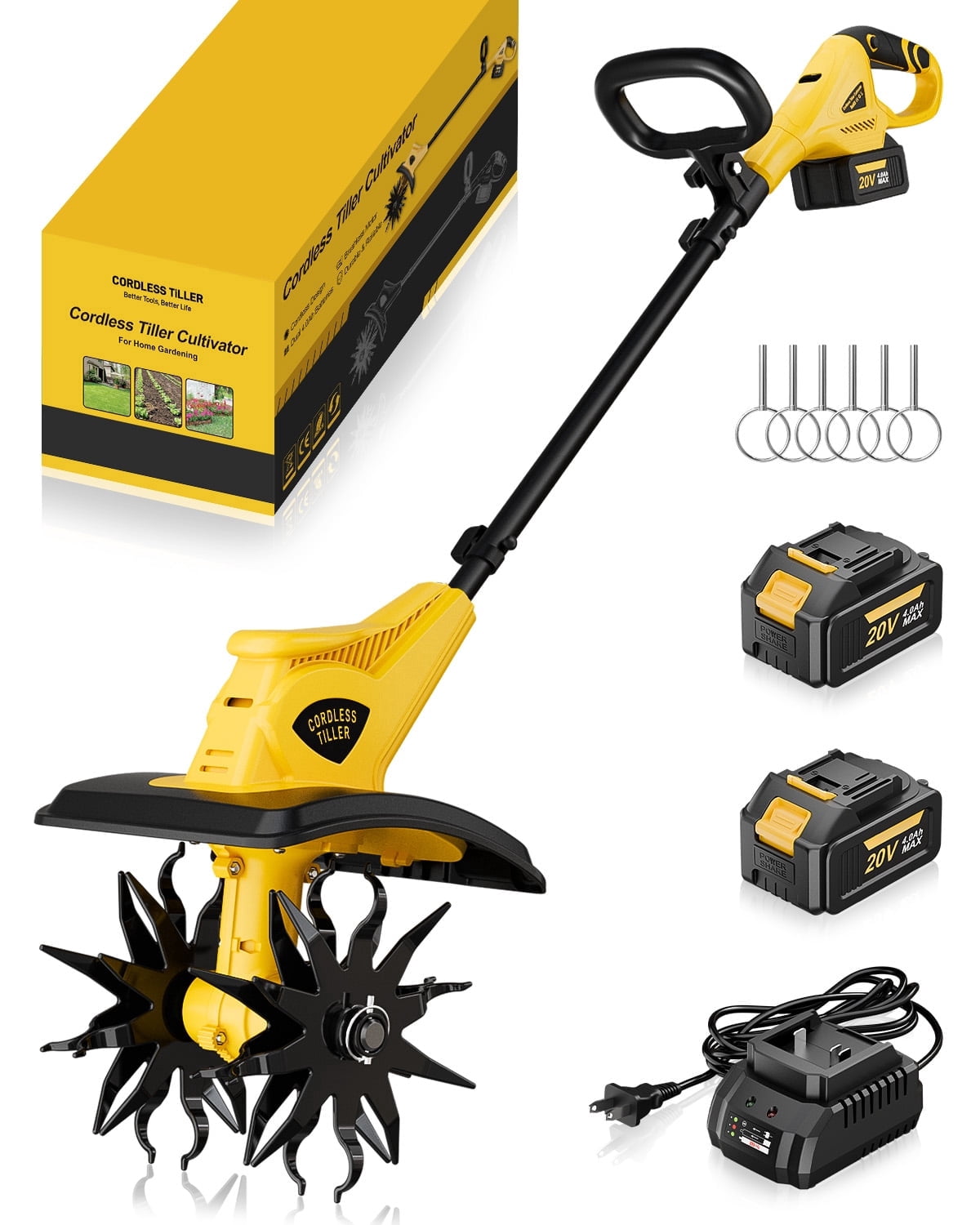 GEVEELIFE 20V Cordless Tiller Cultivator, Brushless Motor with Dual 4.0Ah Batteries (12 in Width, 8 in Depth) qx4j6