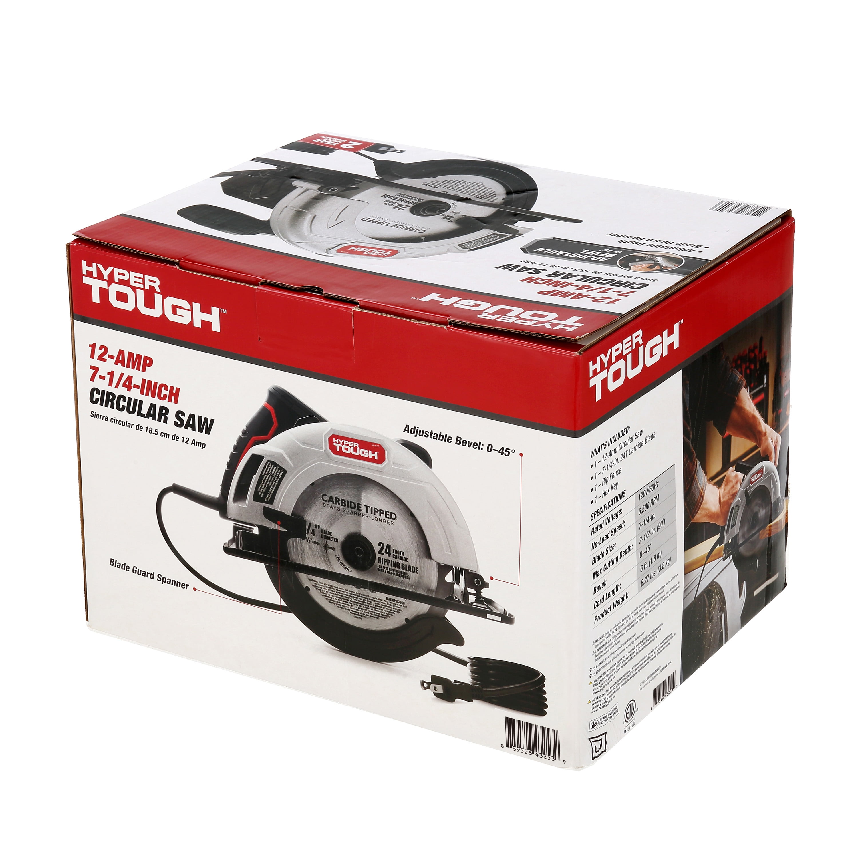 Hyper Tough 12 Amp Corded Circular Saw with Steel Shoe and Adjustable Bevel (7.25 in) fee8g