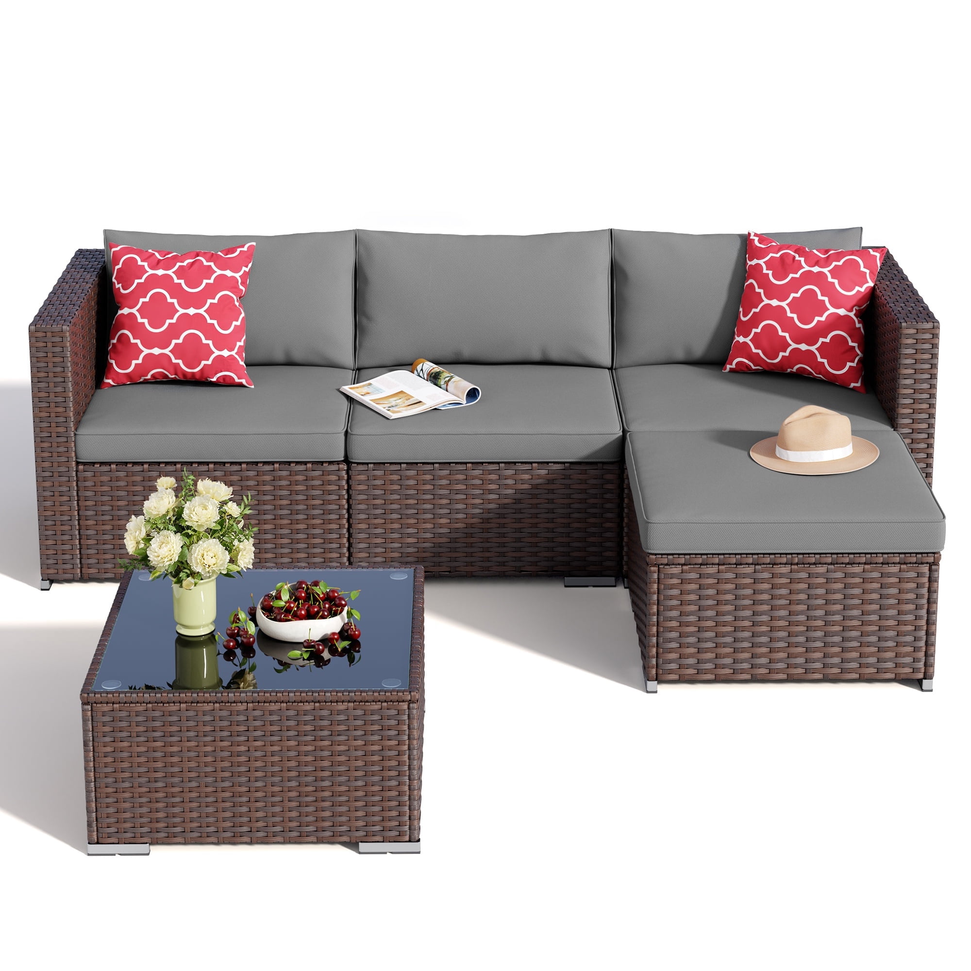 Noelse 5-Piece Wicker Patio Furniture Set, Outdoor Sectional Conversation Sofa with Coffee Table (Gray, 80 in W x 52 in D x 25 in H) 8y75x