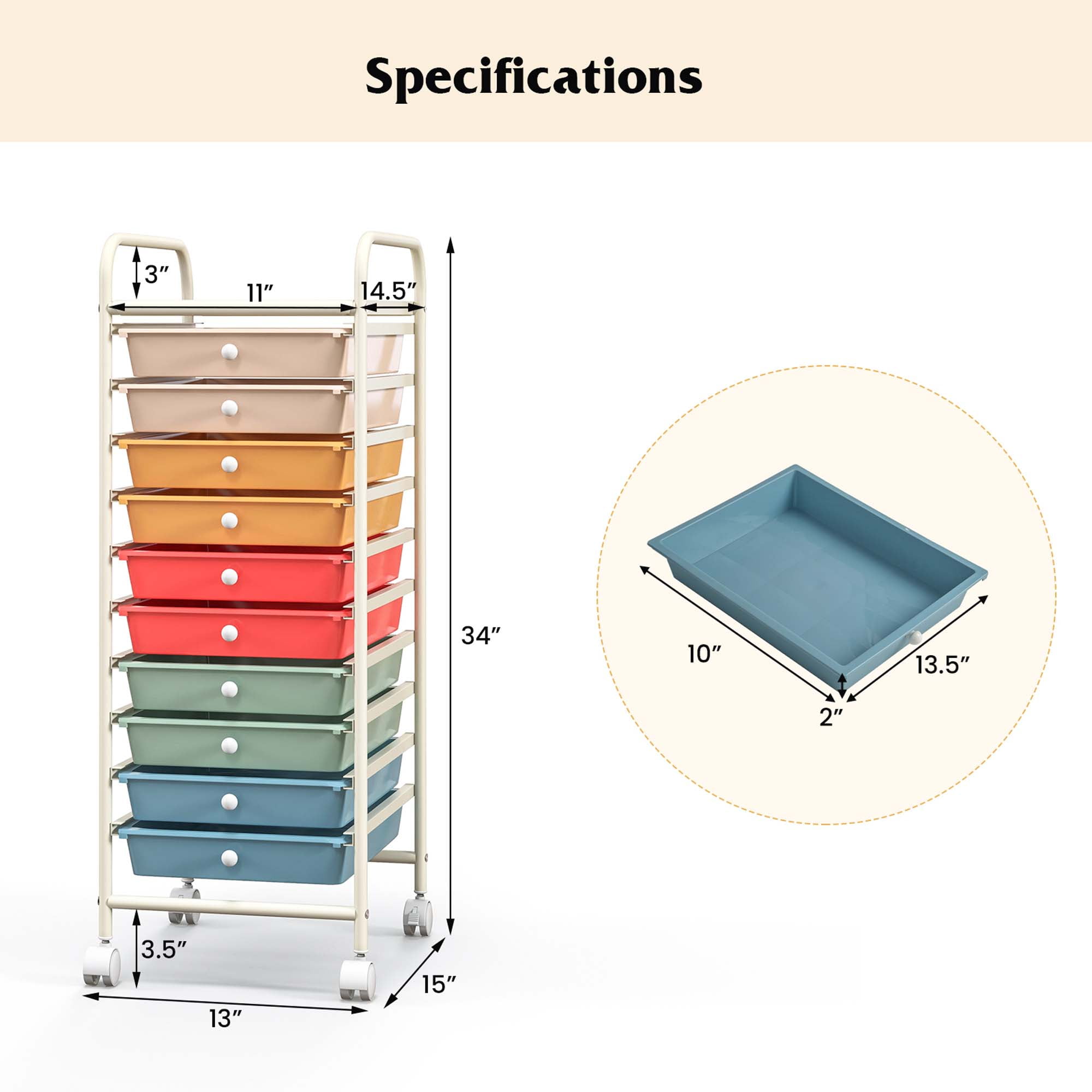 Costway 10 Drawer Rolling Storage Cart Mobile Organizer for Office School and Crafts (Macaron, 13 in x 15 in x 34 in) 5j3gh