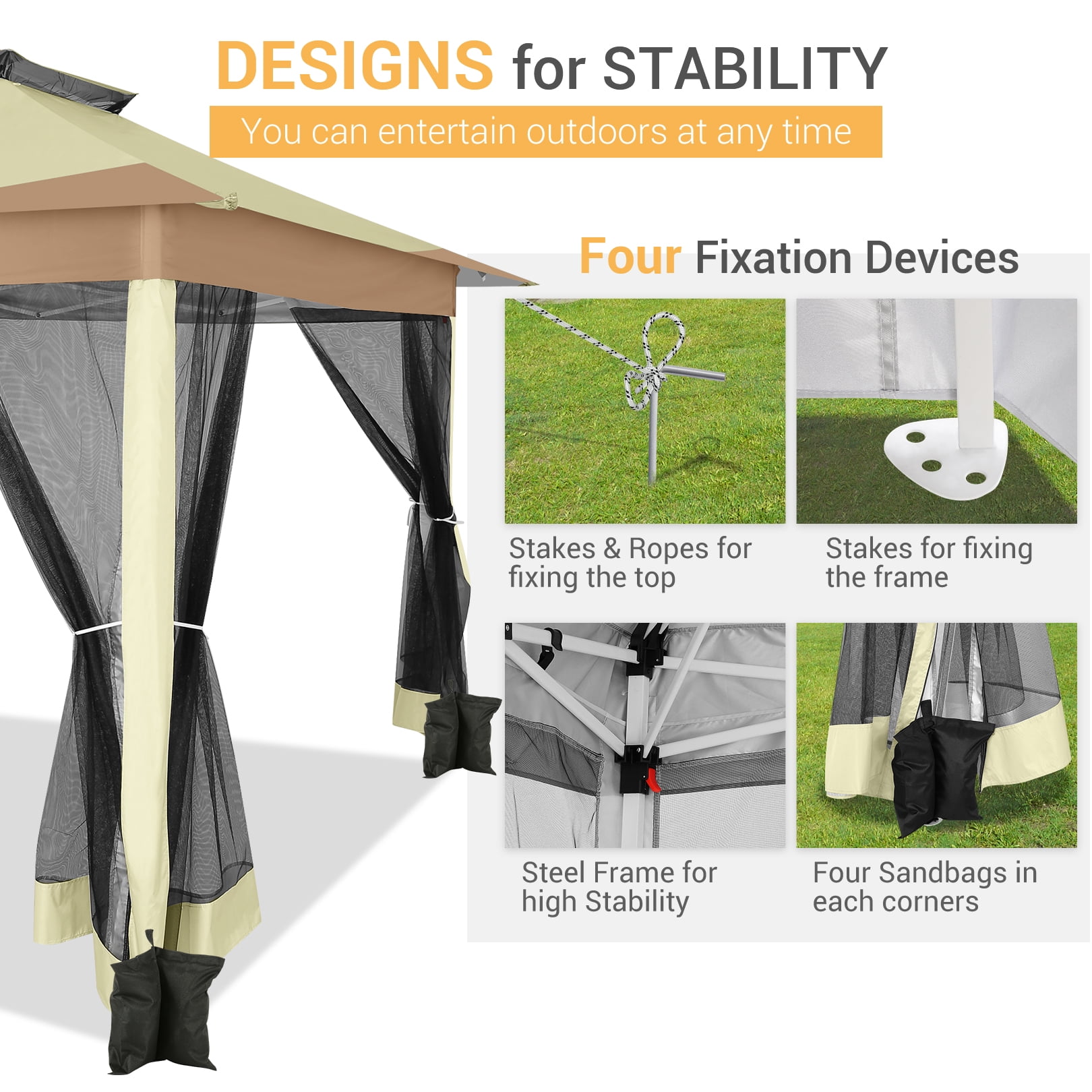 SANOPY Outdoor Pop-up Gazebo with Mosquito Netting and Sandbags (Light Brown, 12x12 ft) 63tns