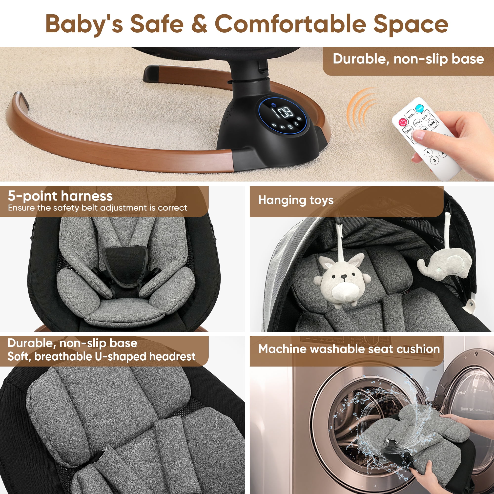 Babyeap Electric Baby Swing for Infants with Bluetooth Control and 5-Point Harness (Gray, 20 lb Capacity) 5obaw