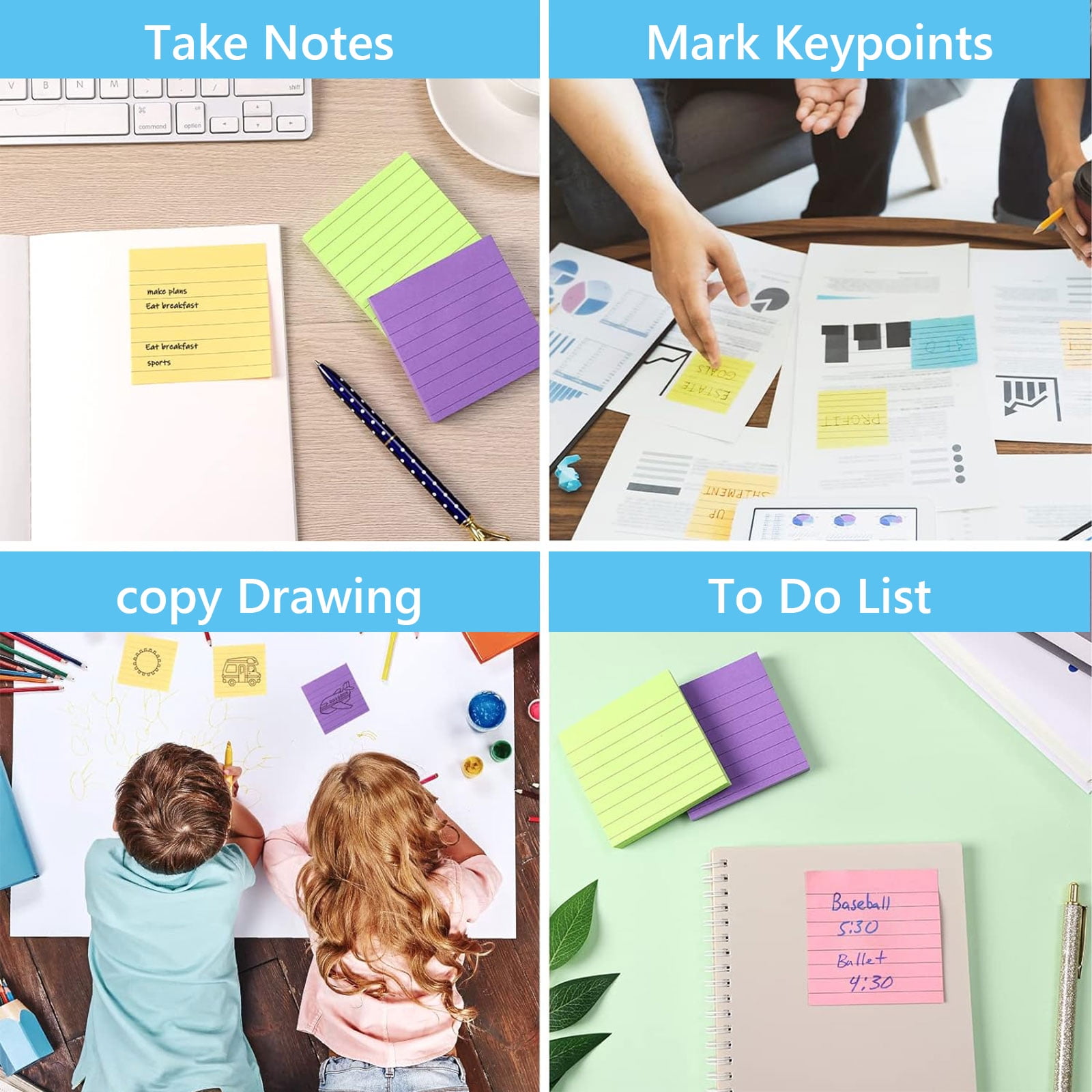 HengBO Lined Sticky Notes Ruled Self-Stick Memo Pads (Assorted Colors, 3 in x 3 in, 8 Pack) 3mza1