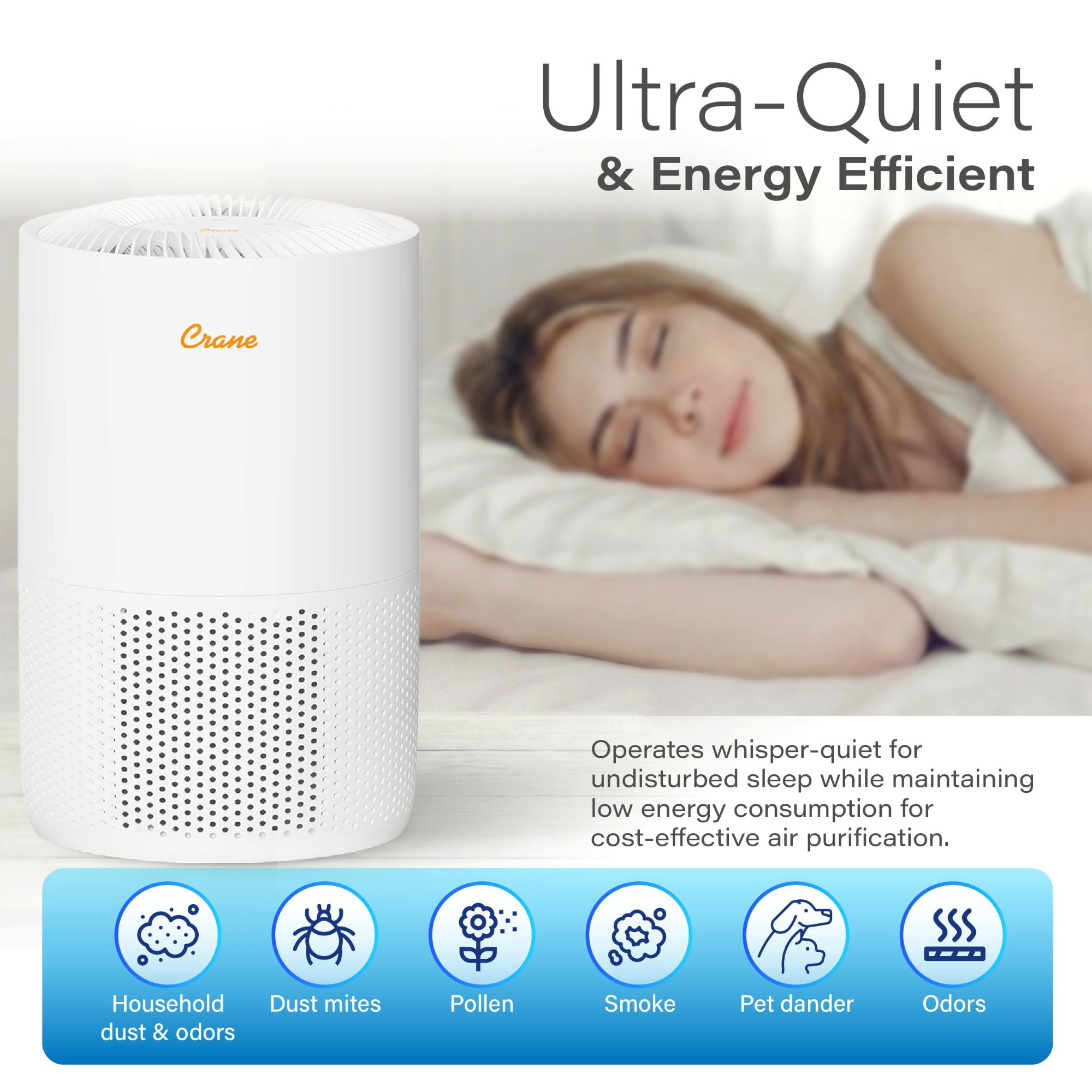 Crane True HEPA Air Purifier for Home with Aroma Tray (White, 275 sq ft) k7roj
