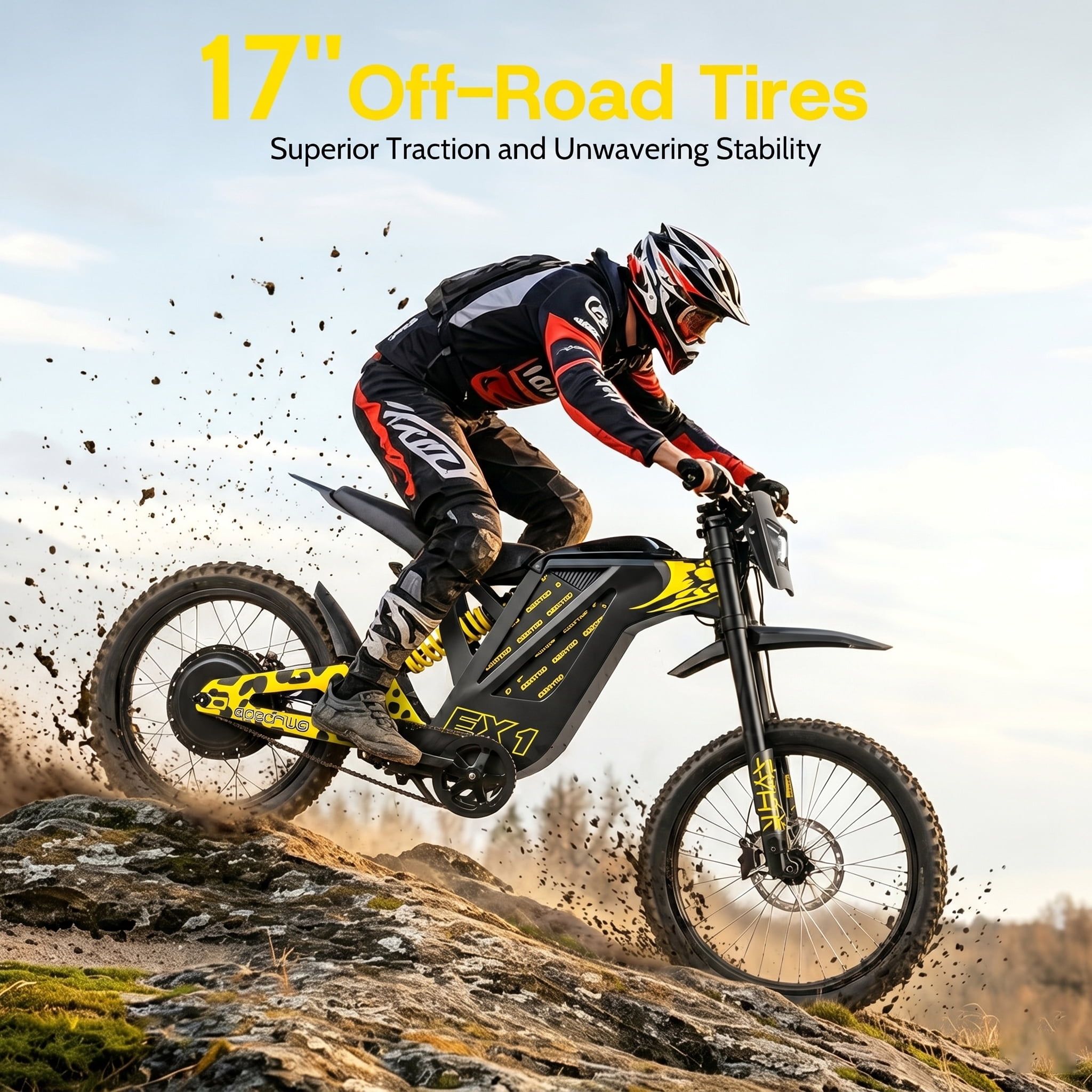 EOEOTWO EX1 Adult Off-Road Electric Dirt Bike, 3000W Motor, 40MPH Top Speed, Dual Hydraulic Shock Suspension (Yellow, 17 in Tires) 01ywm