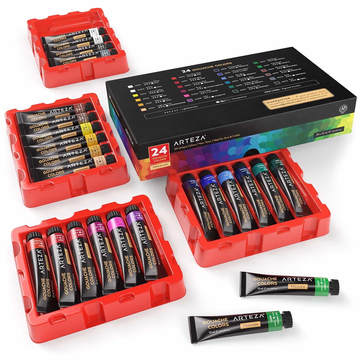 Arteza Acrylic Gouache Paint Set, Matte Finish, Professional Opaque Pigments (Multicolor, 24 Pack, 0.41 fl oz) clc89