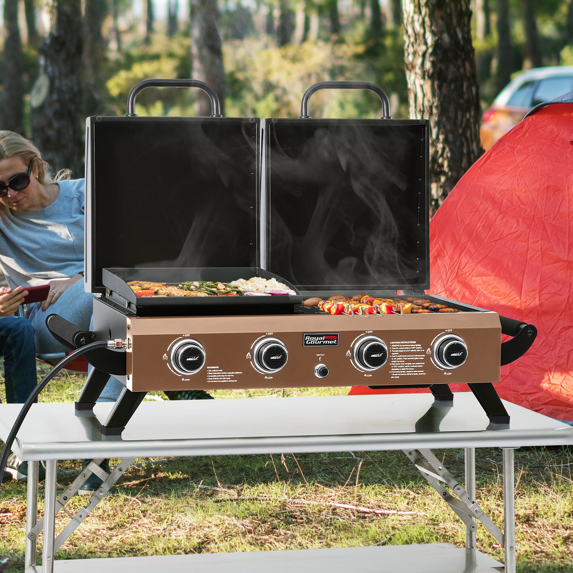 Royal Gourmet Portable Tabletop Grill & Griddle Combo with Hood, 40,000 BTU (Bronze Gold, 40.75 in x 20.28 in x 13.70 in) 0lg23