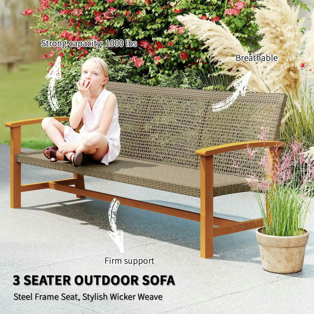 Barara King 3-Seat Outdoor Wicker Sofa, Acacia Wood Patio Couch with Steel Frame (Brown, 75 in) j0tuo