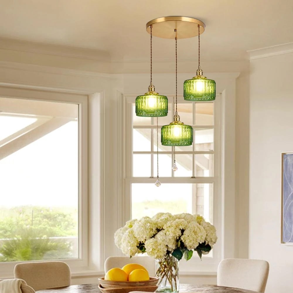 Arturesthome Vintage Glass Pendant Light, Wavy Cylinder Hanging Lamp for Kitchen Island (Green, 8 in) 4xqx1