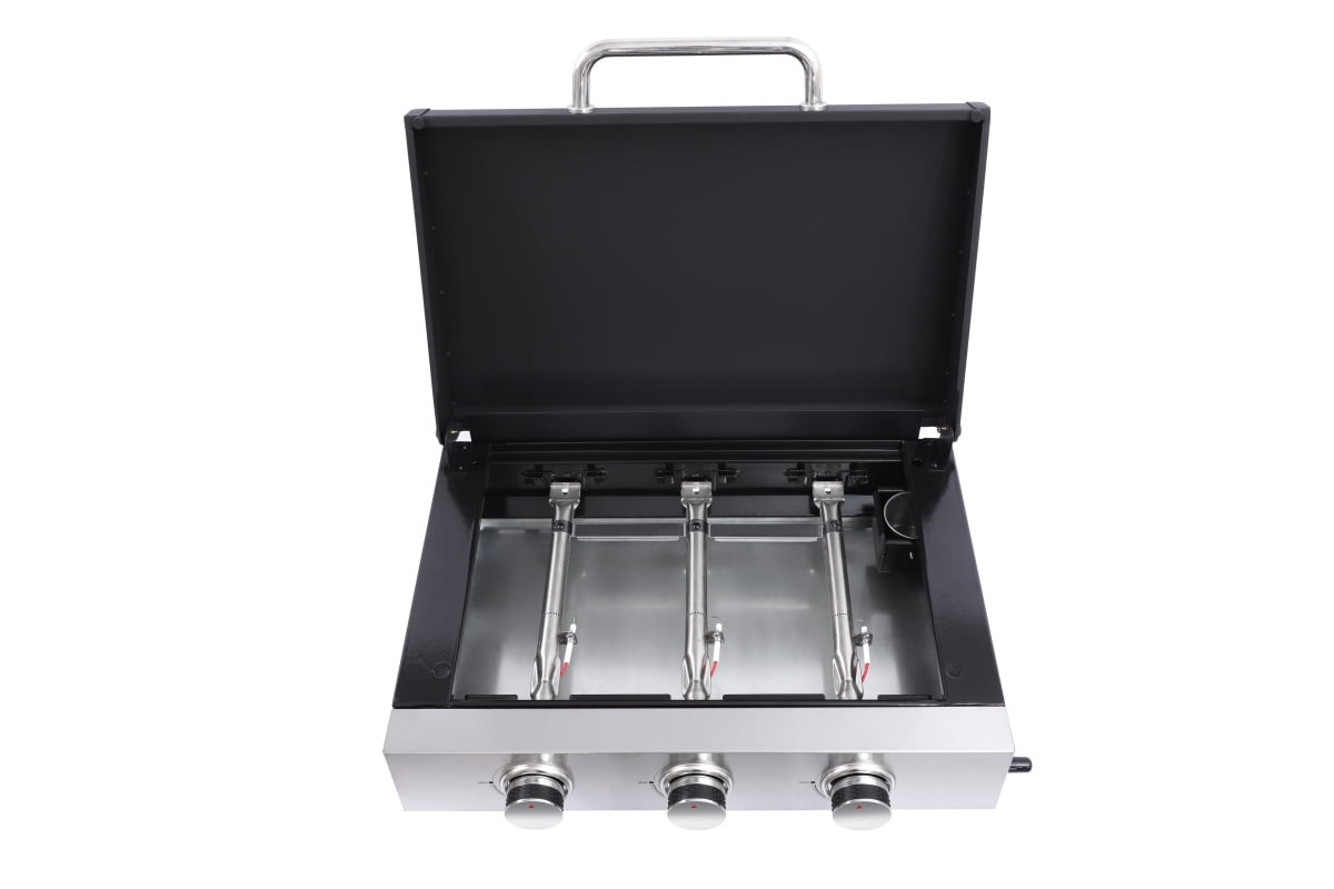 GORTES 3-Burner Gas Grill, Stainless Steel Outdoor BBQ with Teppanyaki Plate and Cast Iron Grates (Silver, 391 sq. in.) 3i5t0