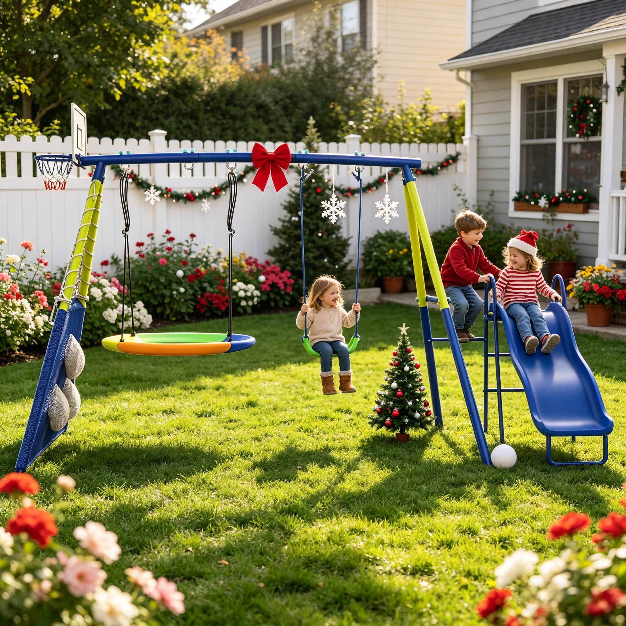 Shengchao Trade Metal Kids Swing Set, Heavy-Duty Outdoor A-Frame Playground with 2 Swings, Saucer Swing, and Sports Hoop (Blue, 75 in H x 67.7 in L x 136 in W) 4jmwx