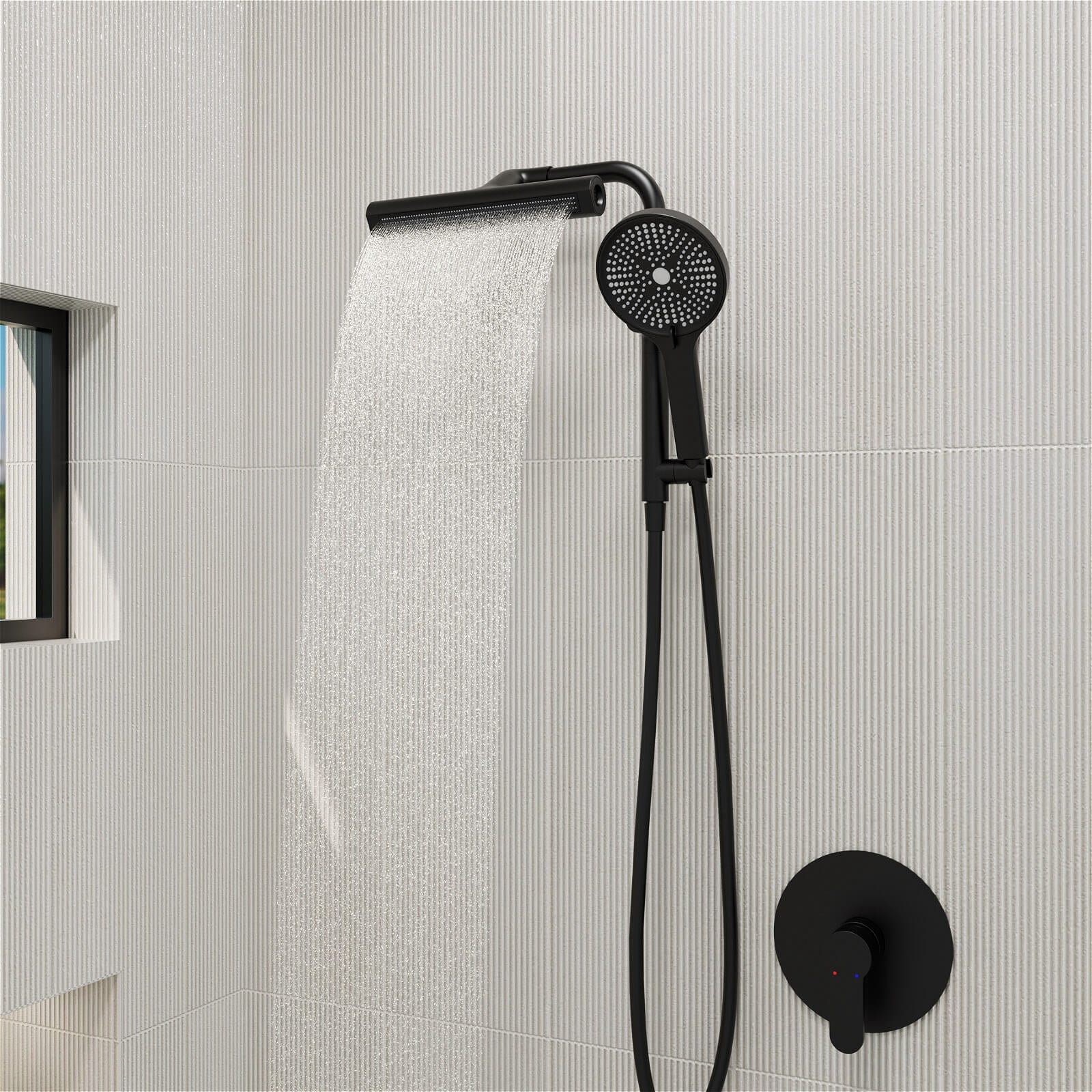 Giving Tree Wall Bar Shower System with 360° Rotating Fixed Head and 6-Spray Handheld (Matte Black) 5ernq