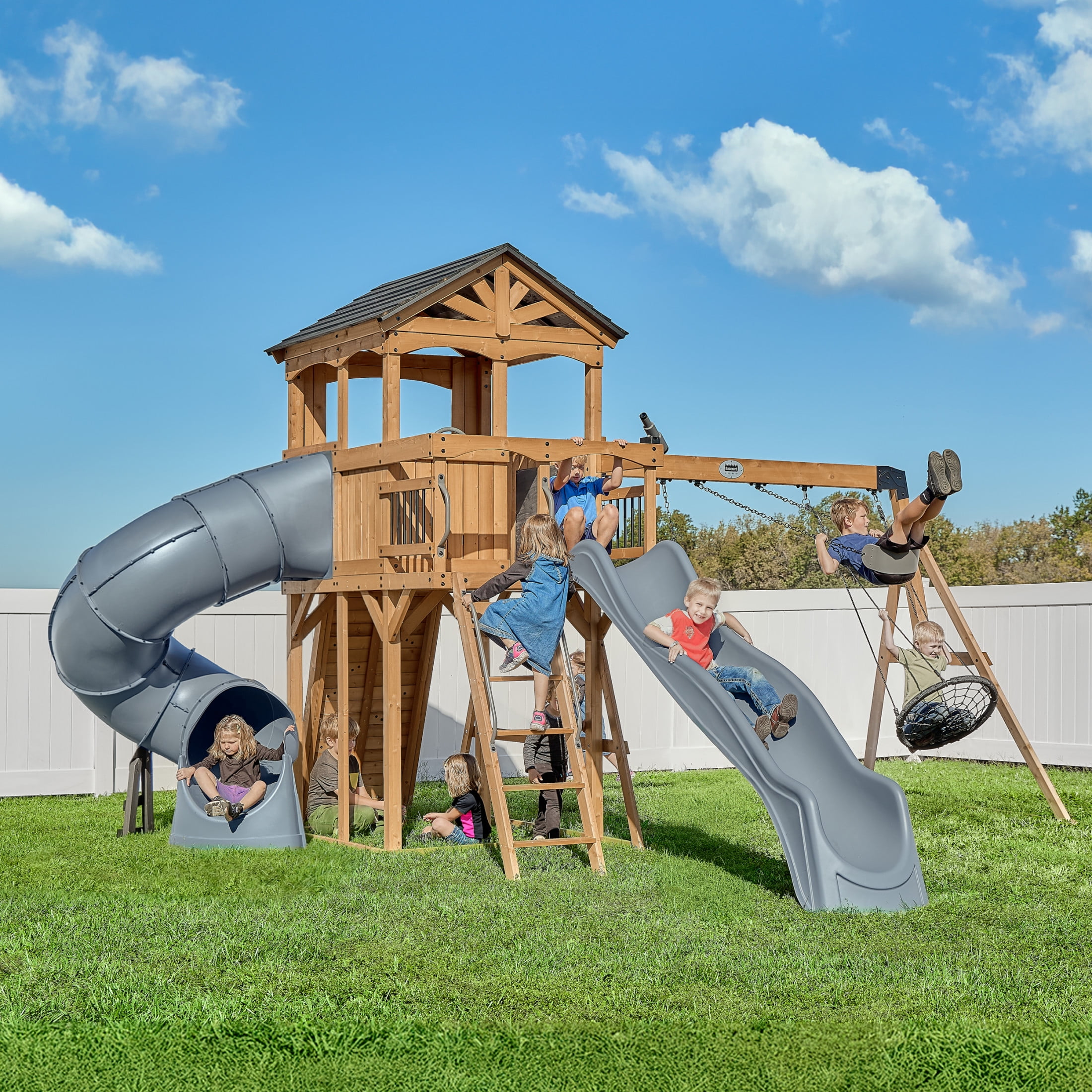 Backyard Discovery Dover Bay Spruce Swing Set with Clubhouse, Rock Wall, and Slides (Brown, 11-Child Capacity) 9d4n2