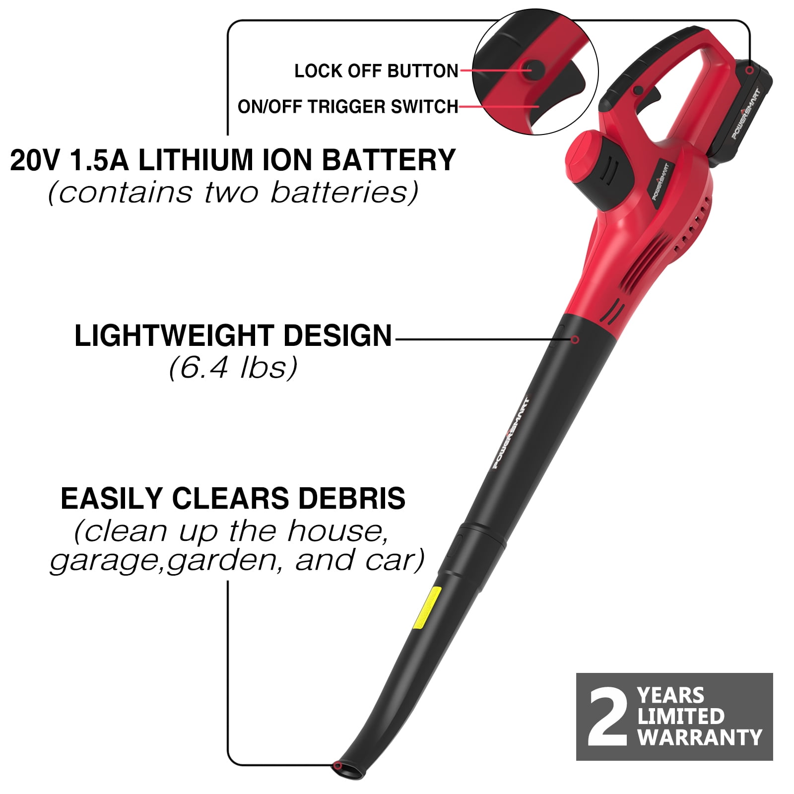 PowerSmart 20V Cordless Handheld Leaf Blower with Two 2.0Ah Batteries and Charger (117 MPH, 6.4 lb) hyxtq