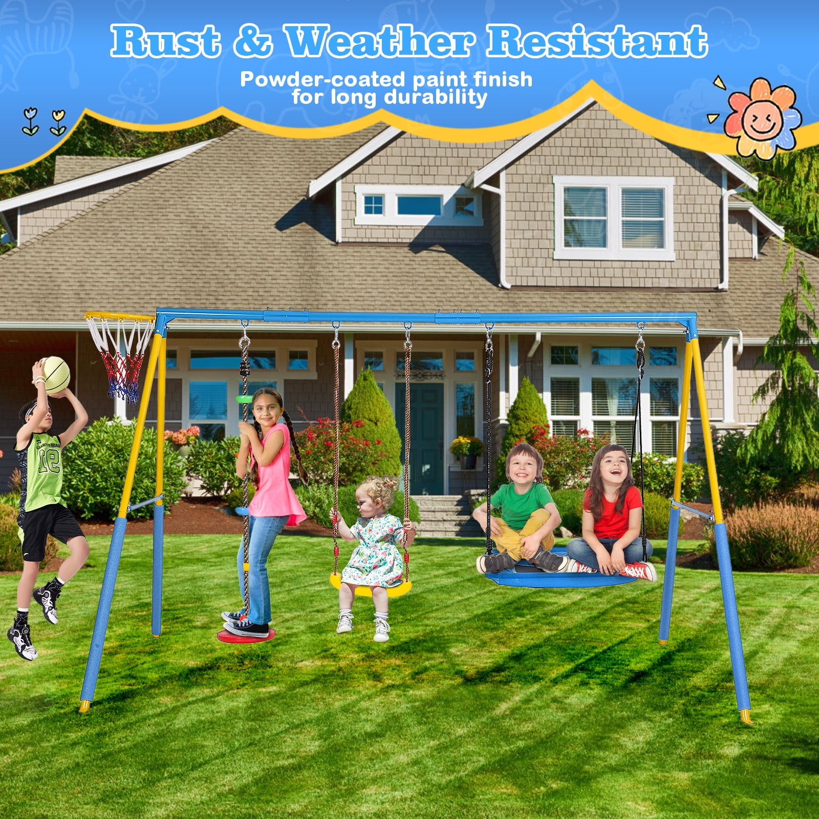 KALNUR 4-in-1 Outdoor Metal Swing Set with Saucer Swing, Climbing Rope, and Basketball Hoop (Blue, 127 in x 79 in x 80 in) qk5dz