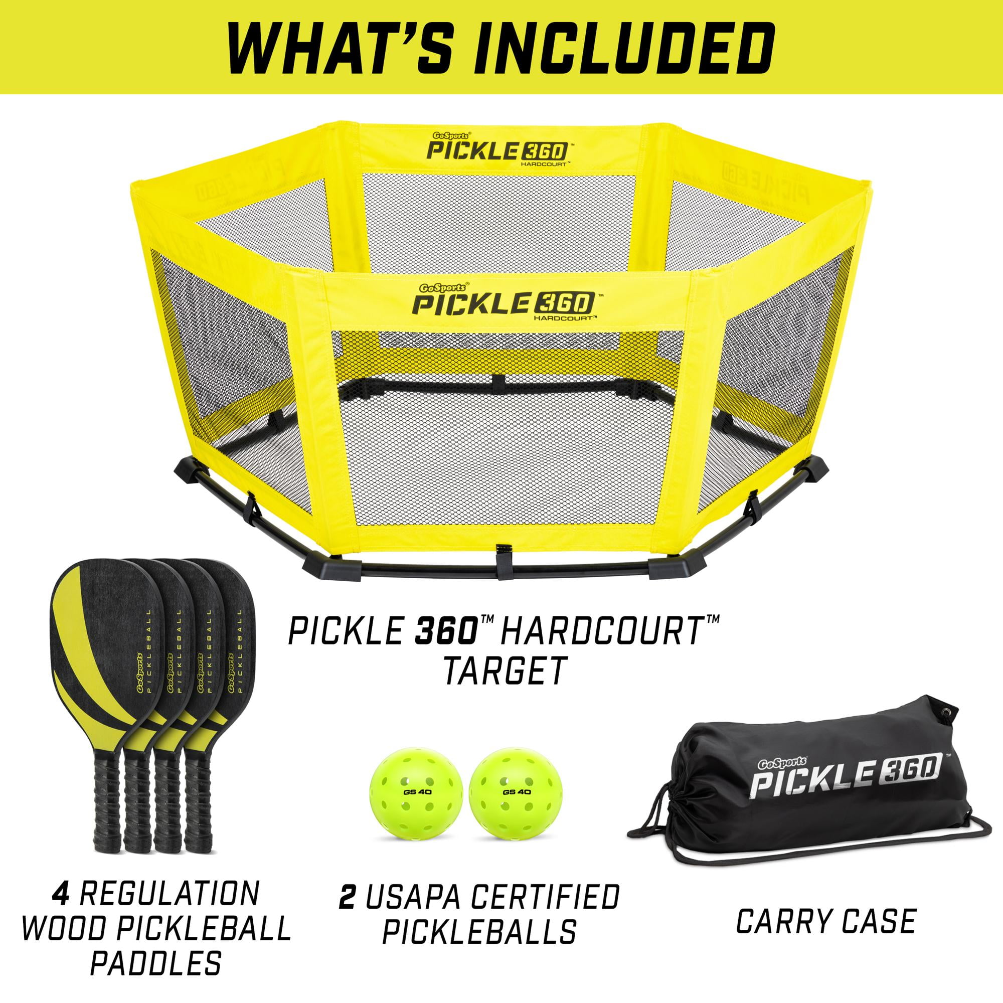 GoSports Pickle 360 Hardcourt Game Set, Hybrid Pickleball & Roundnet Paddle Ball (Yellow, 4-Player Set) ibuwl