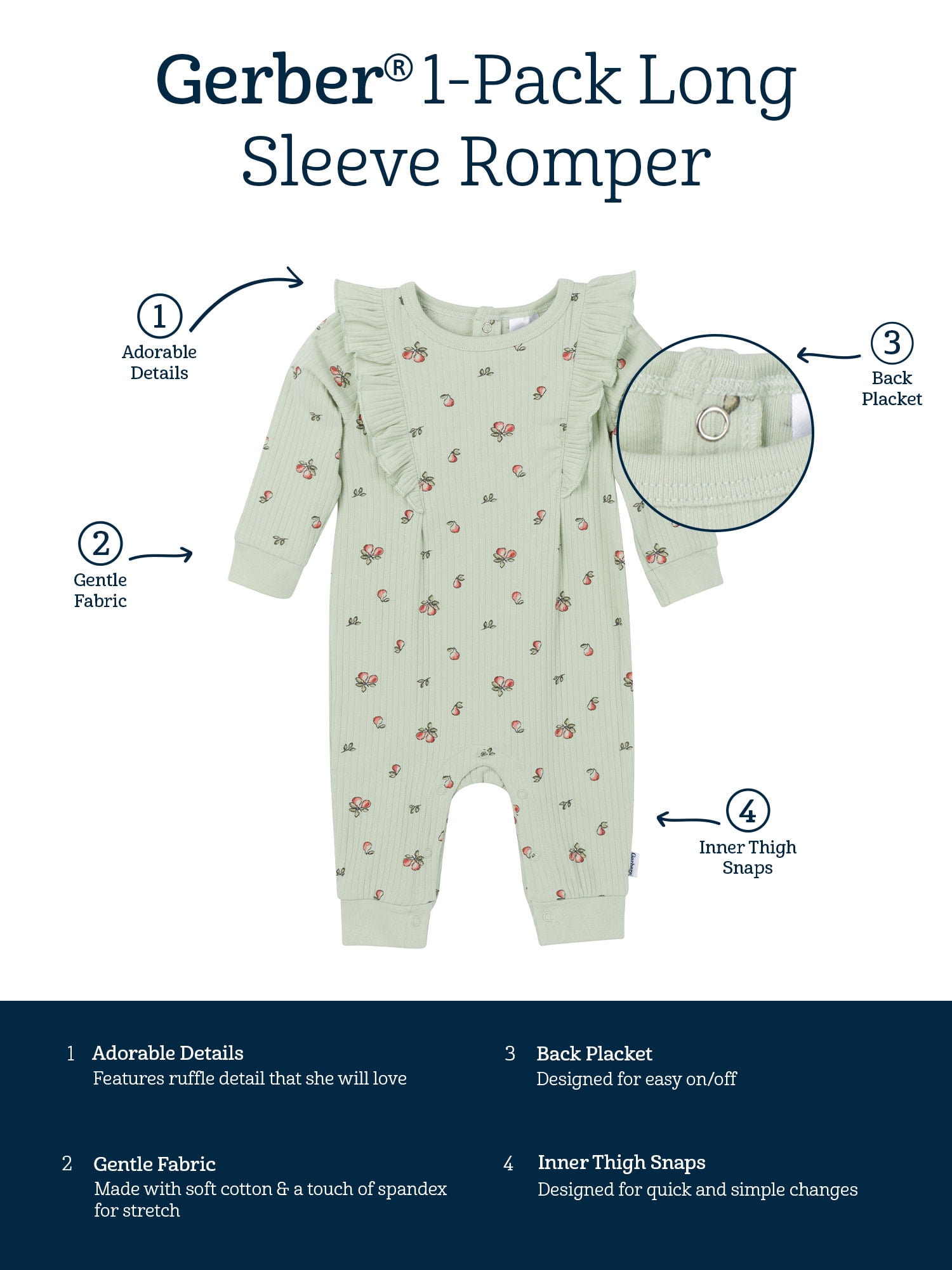 Gerber Baby Girl Long Sleeve Ruffled Romper (Green, 0-24 Months) jna12