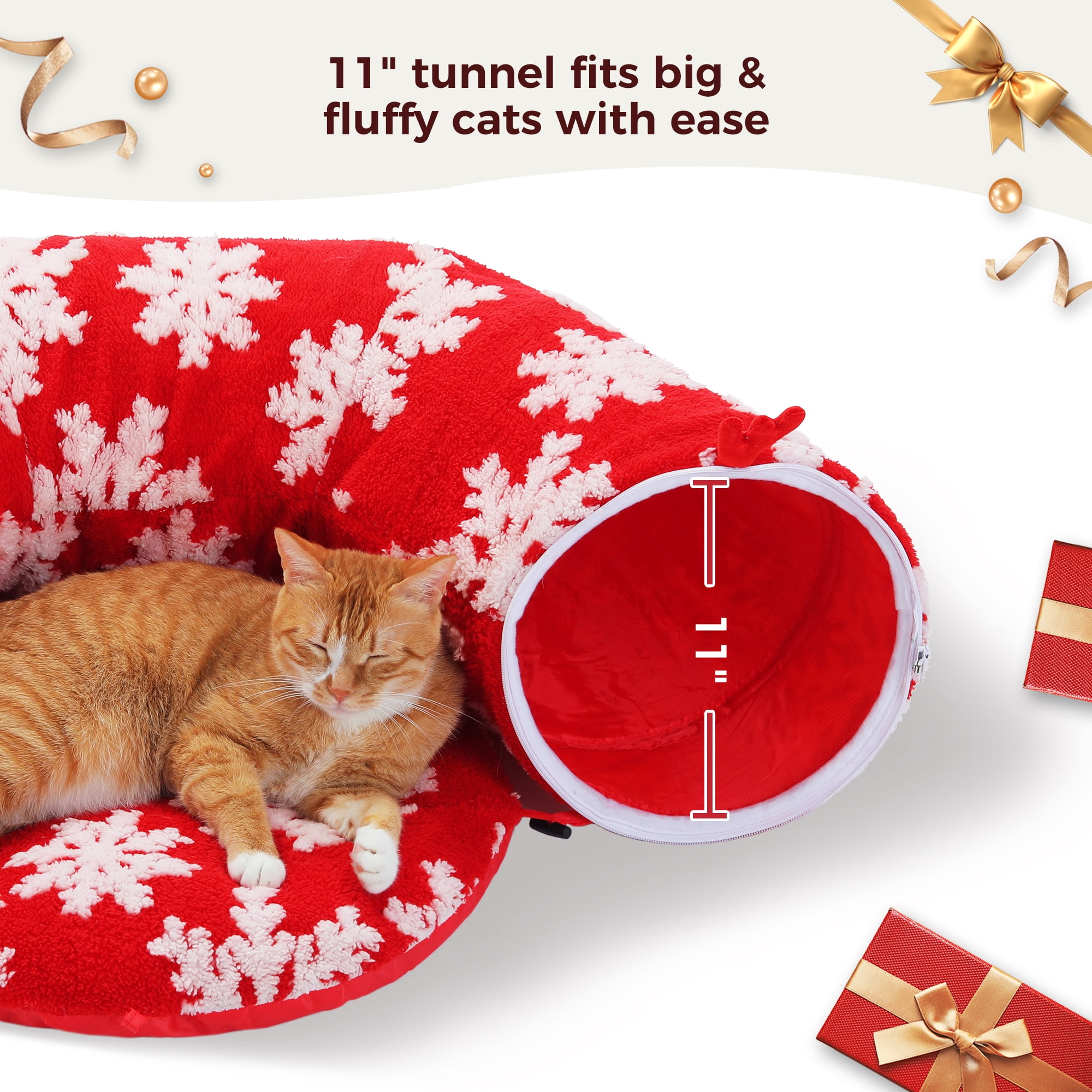 PAWZ Road Christmas Cat Tunnel Bed with Soft Mat and Hanging Toys (Red, 34 in) 3w2e7