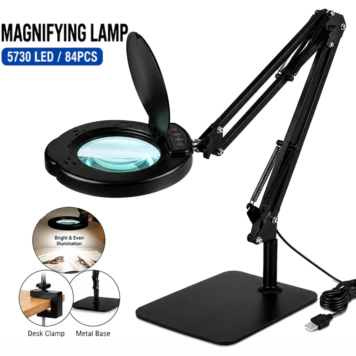Gefolly LED Magnifying Desk Lamp with Clamp, Adjustable Swing Arm, 5 Color Modes, Stepless Dimmable (Black, 1 Unit) sbqk3