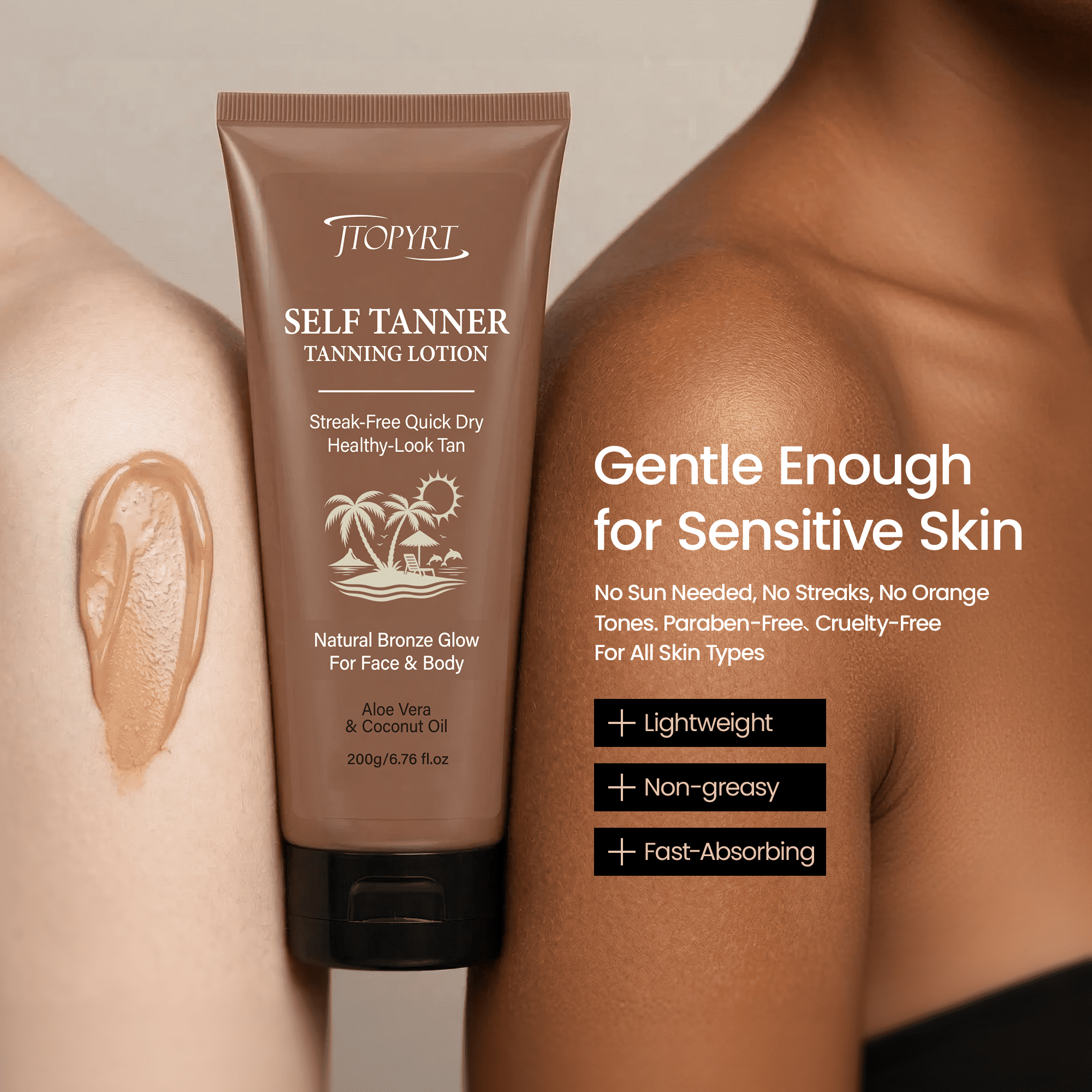 Jtopyrt Gradual Self Tanner Tanning Lotion for Natural Looking Sun-Kissed Glow (6.76 fl oz) 4x1tg