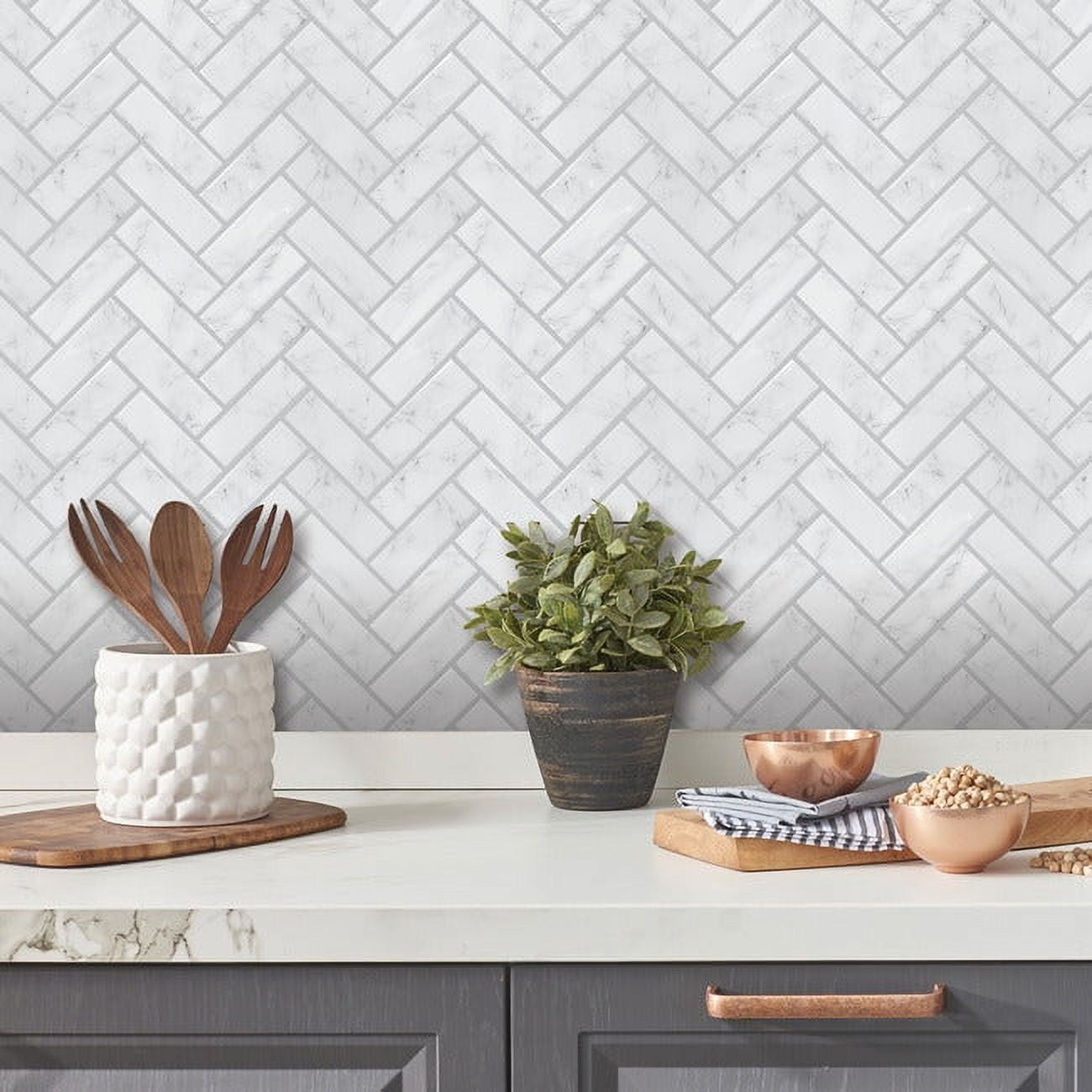 RoomMates Marble Herringbone Peel And Stick Backsplash (Grey, 4 Pack, 10.5 in x 10.5 in) j8qrn
