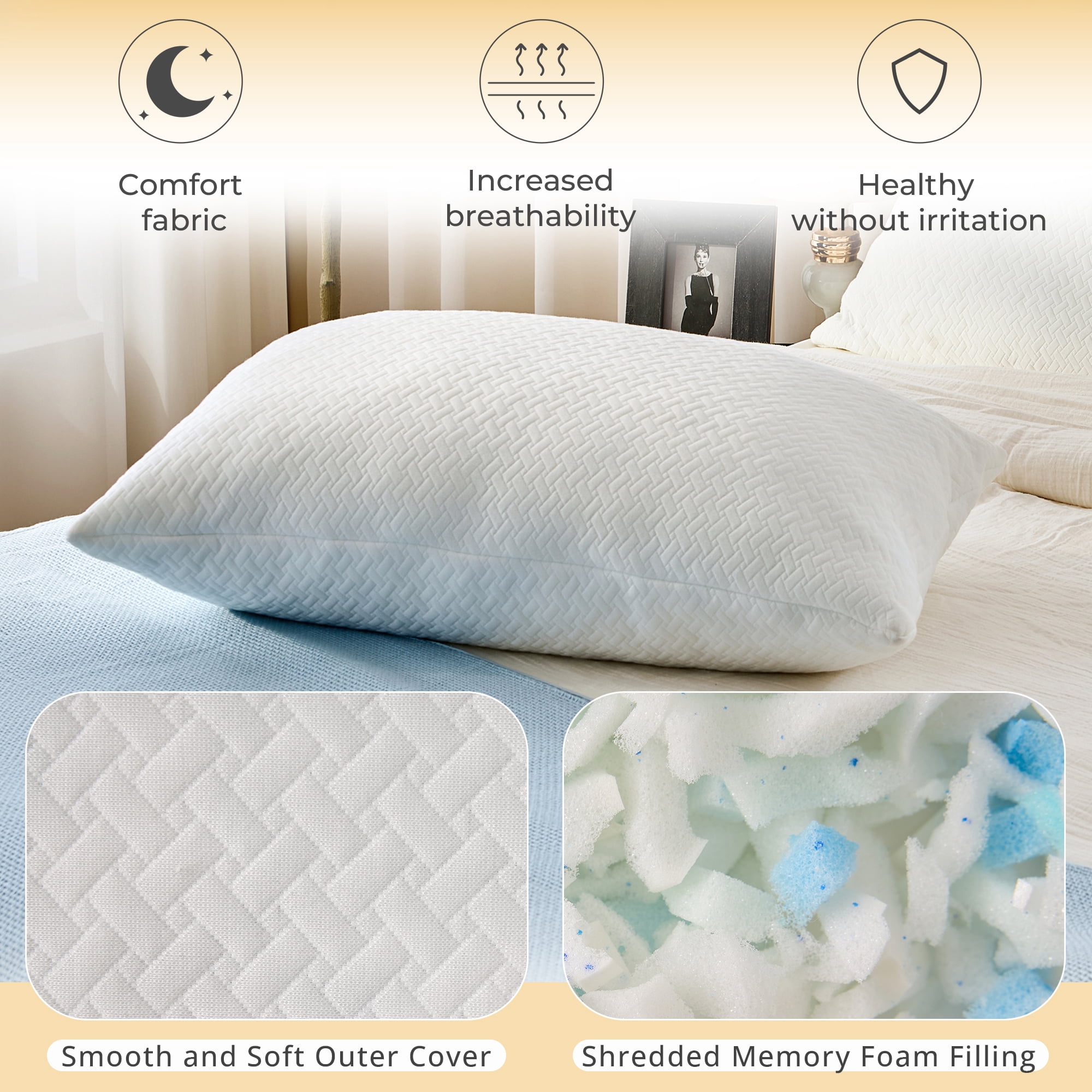EGOHOME Shredded Gel Memory Foam Bed Pillow (White, 2 Pack, 28 in x 18 in) 9rm68