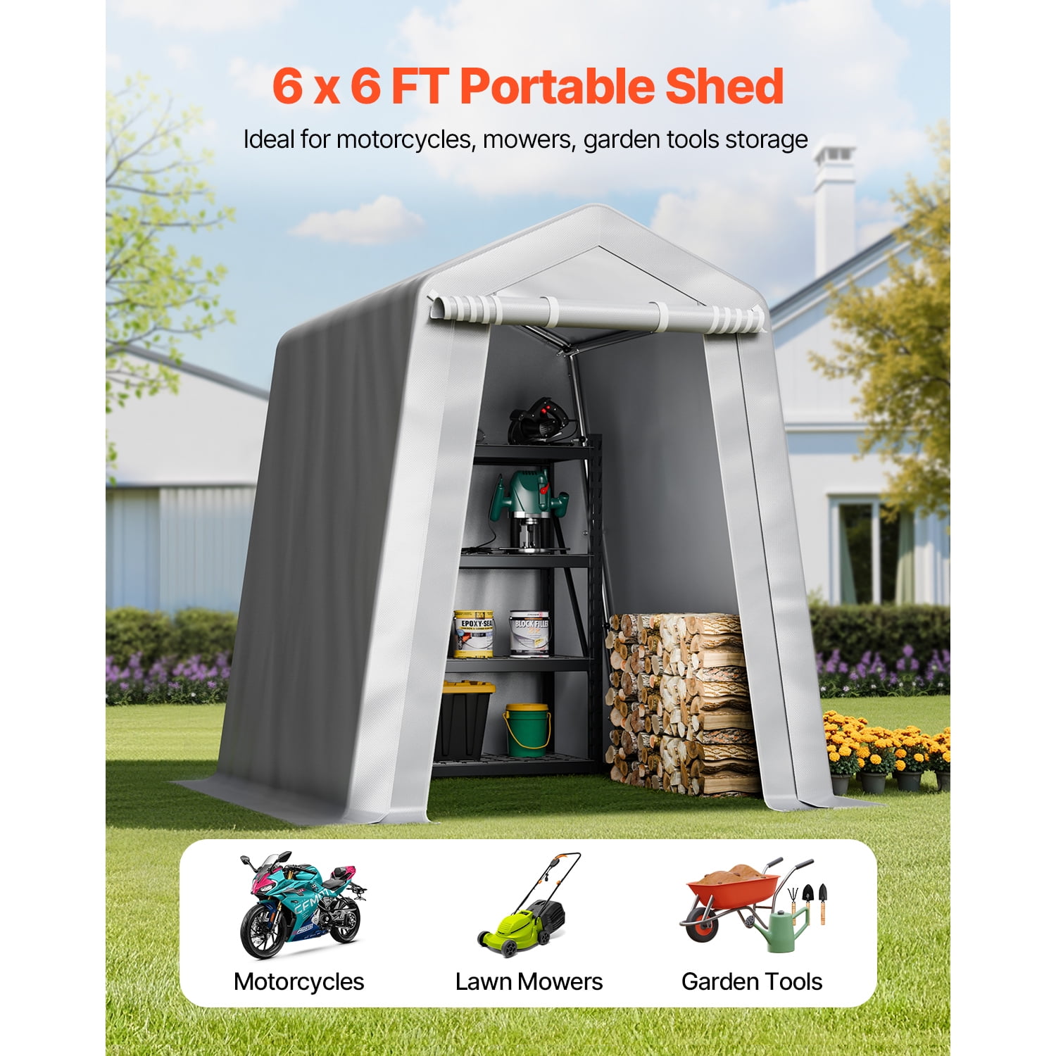 KFFKFF Outdoor Storage Shed, Weather-Resistant Portable Canopy Shelter with Roll-up Door (Grey, 6 x 6 ft) lmwa1