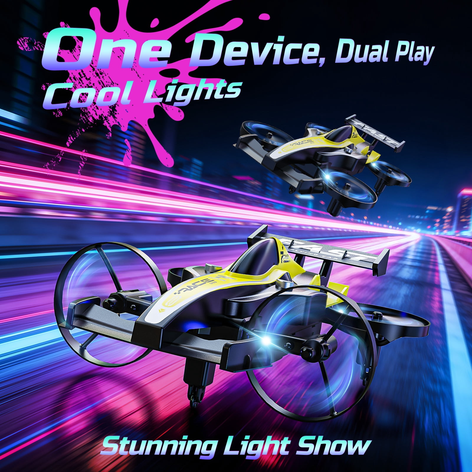 WEFONE ZF24 2-in-1 RC Drone and Stunt Car, Remote Control Vehicle with 3-Speed Mode and 360° Flips (Yellow, 2-Pack Battery) 5rlud