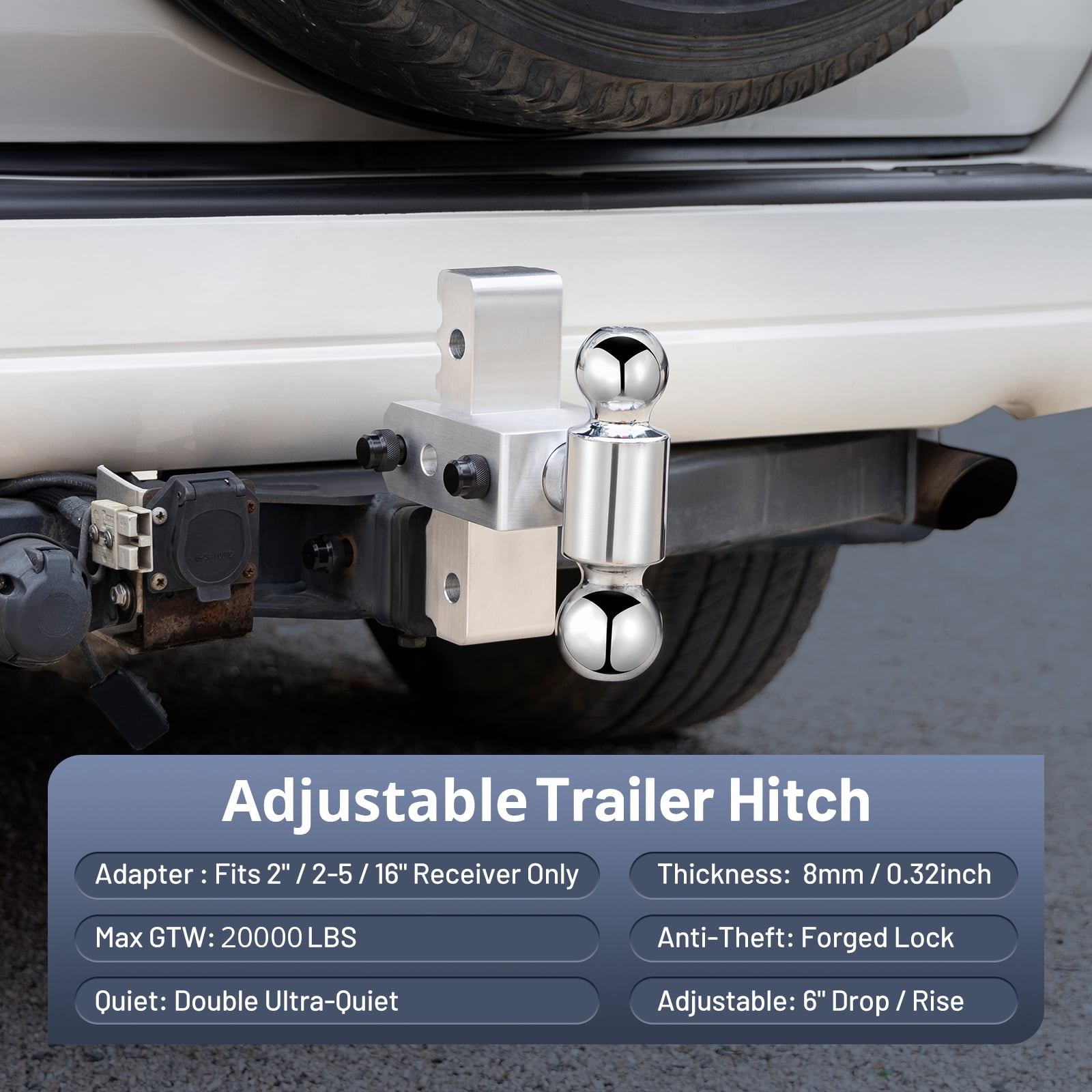 SPEEDWOW Adjustable Trailer Hitch, Heavy-Duty Dual Ball Mount with 6 in Drop/Rise for 2 in Receiver (20000 lb, Silver) 98rje